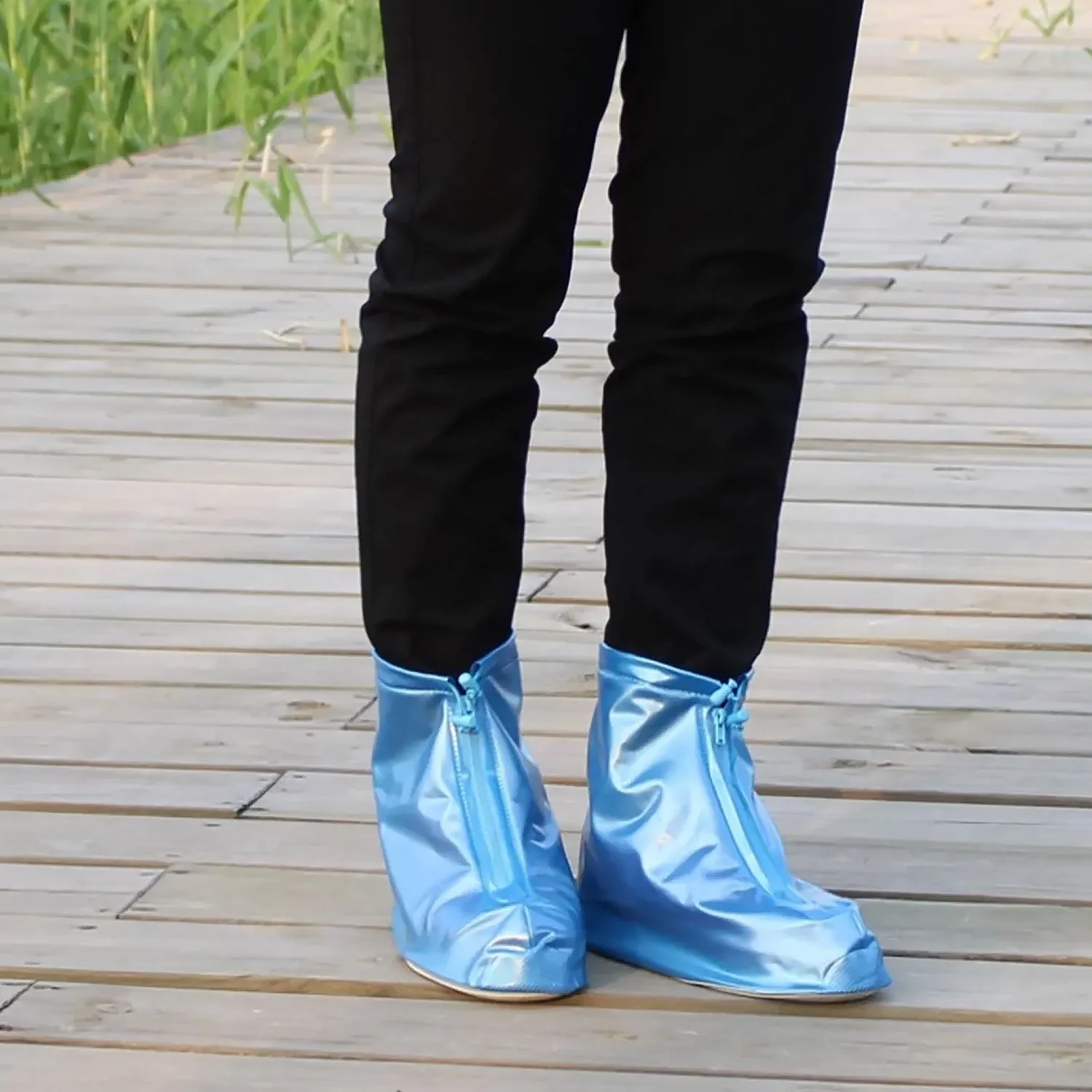 17960 Plastic Shoes Cover Reusable Anti-Slip Boots Zippered Overshoes Covers Transparent Waterproof Snow Rain Boots for Kids / Adult Shoes, for Rainy Season (1 Pair / Blue)