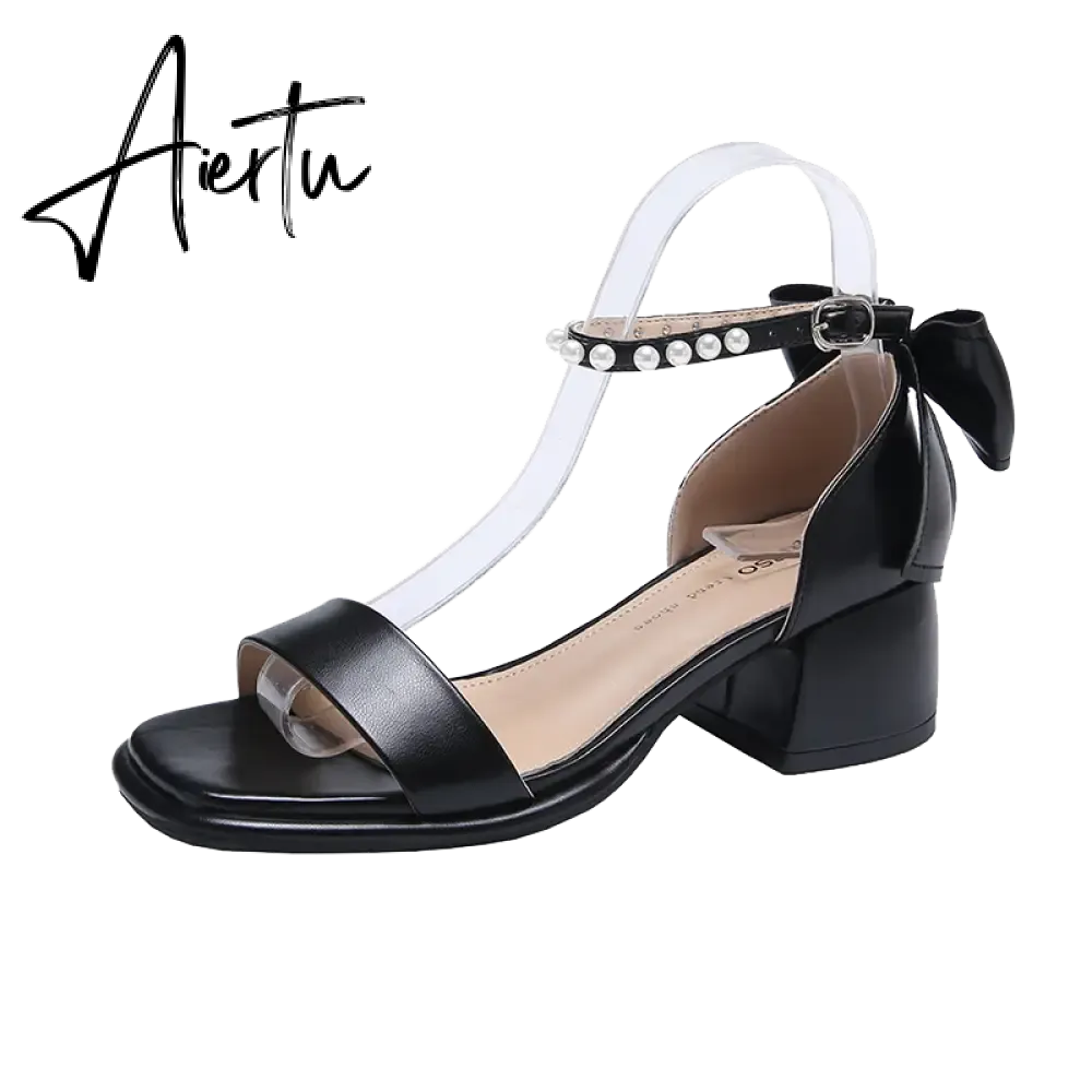 Aiertu Brand Ladies Sandal Spring New Fairy Pearl Sandals Sweet Square Heel with Mesh Crystal Temperament High Heels Tenis Masculino