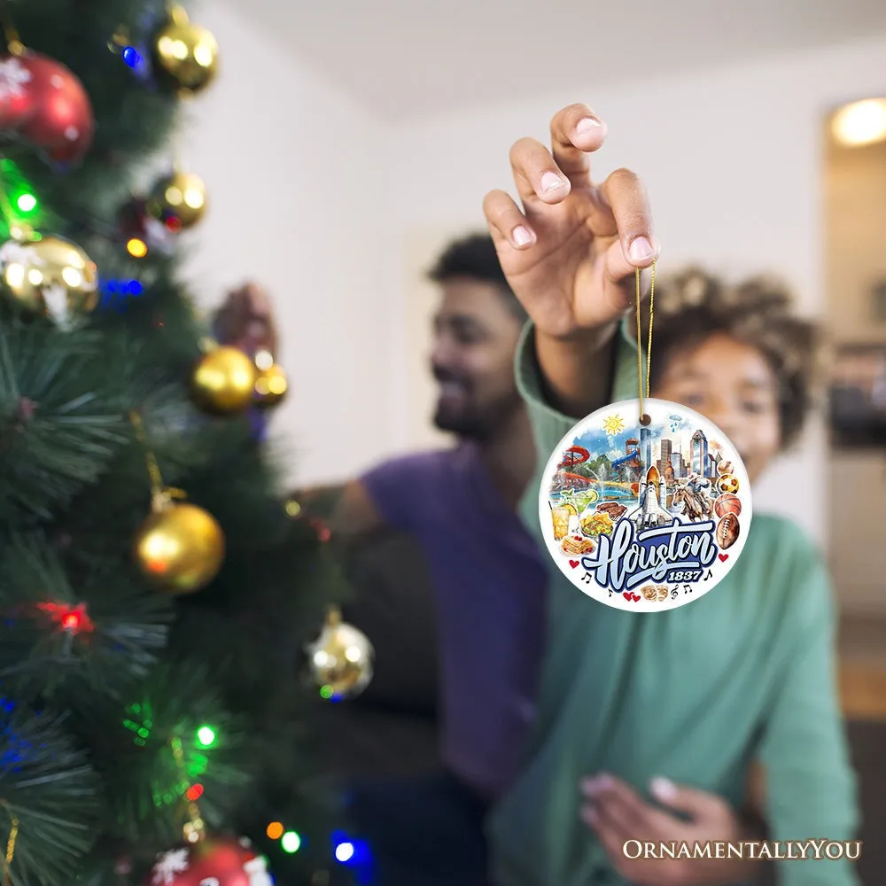 Artistic Houston Ceramic Ornament, Texas Souvenir with Vintage City Elements and Space Shuttle