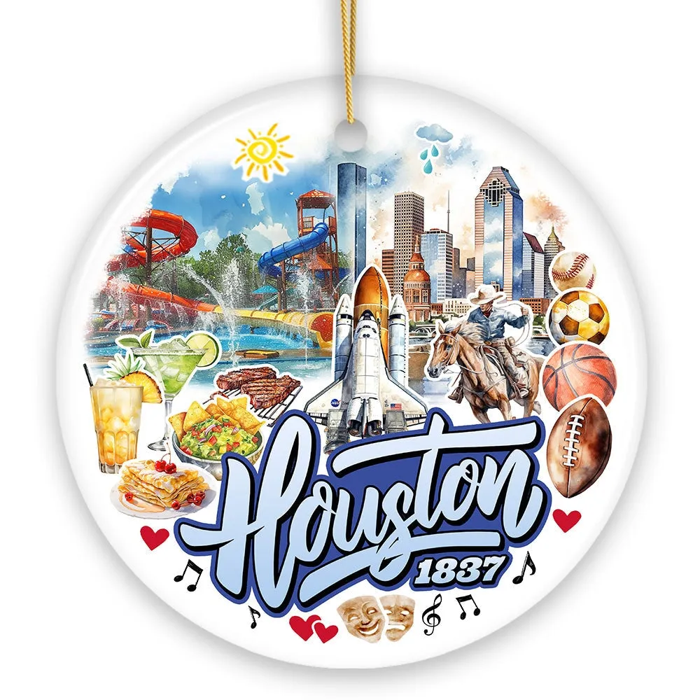 Artistic Houston Ceramic Ornament, Texas Souvenir with Vintage City Elements and Space Shuttle
