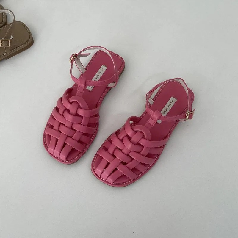 Bailamos Women Gladiator Sandals Women Square Toe Designer Shoes Summer Beach Shoes European Retro Woven Rome Sandals