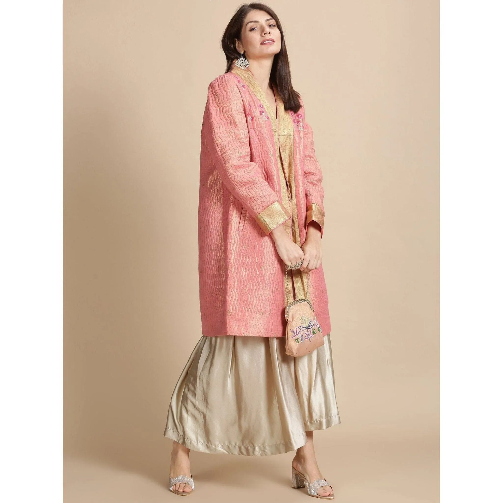 Banarsi Zari Quilted Jacket - Pink