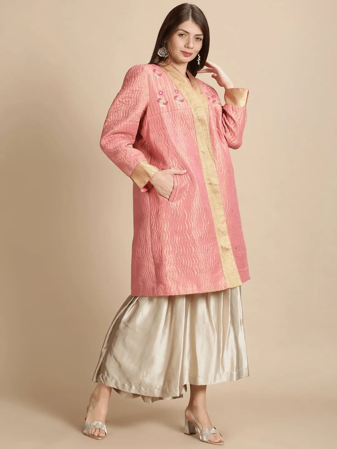 Banarsi Zari Quilted Jacket - Pink