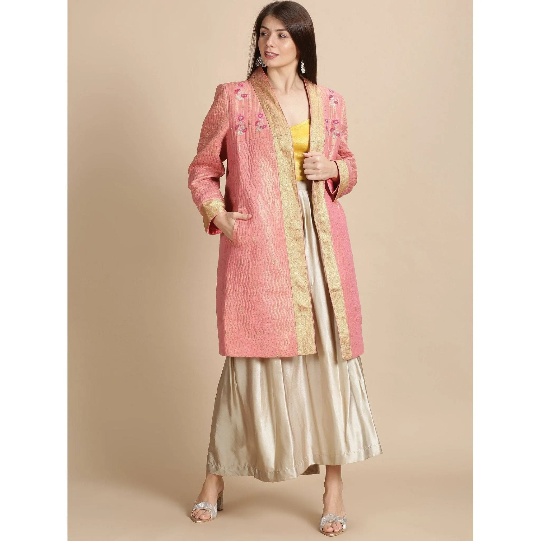 Banarsi Zari Quilted Jacket - Pink