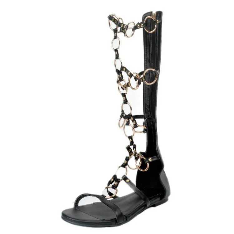 Black Flat Buckle Knee High Gladiator Sandals