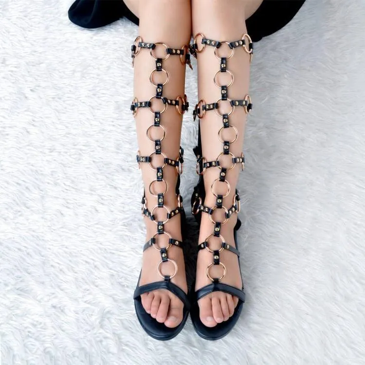 Black Flat Buckle Knee High Gladiator Sandals