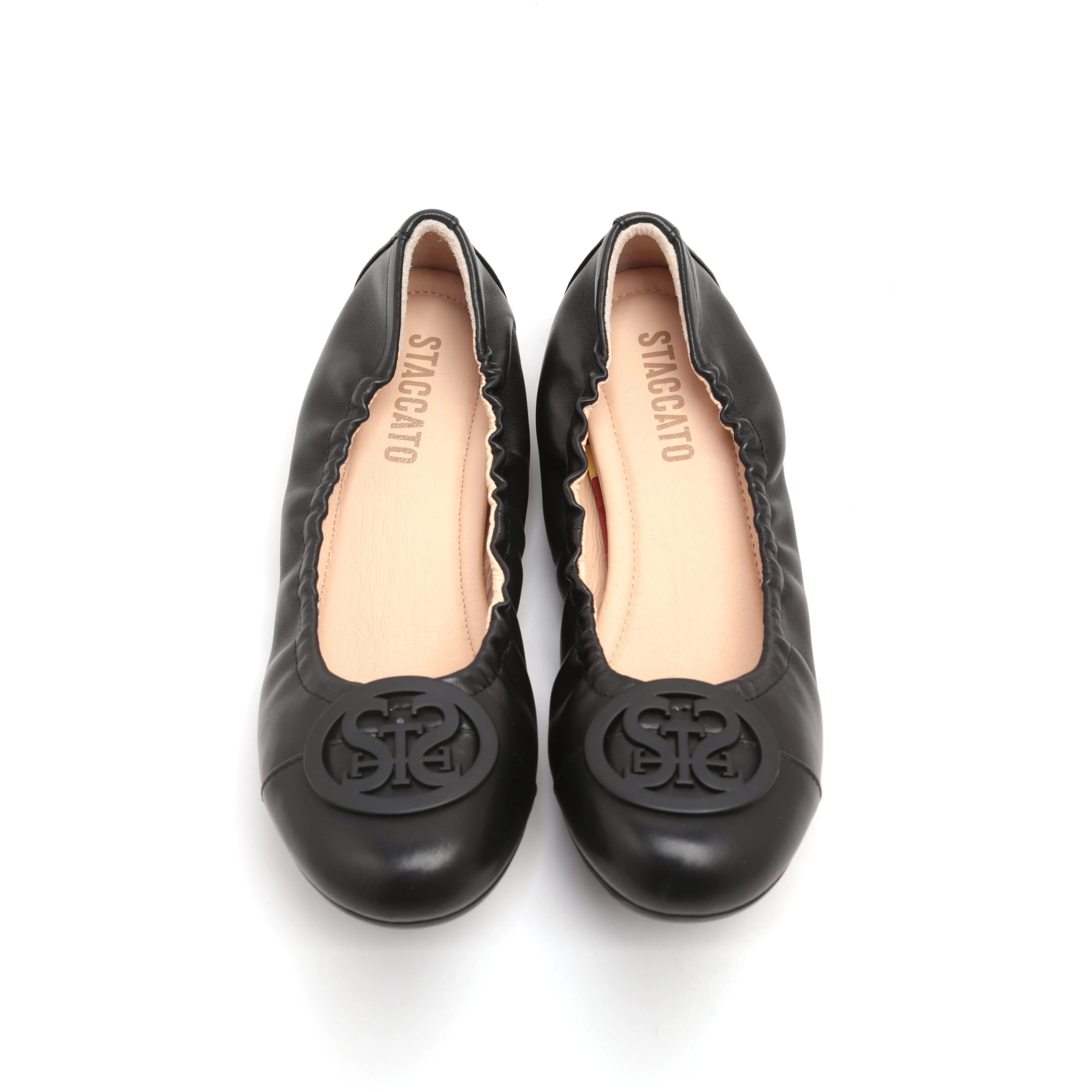 Black ST Buckle Leather Ballerina Flats