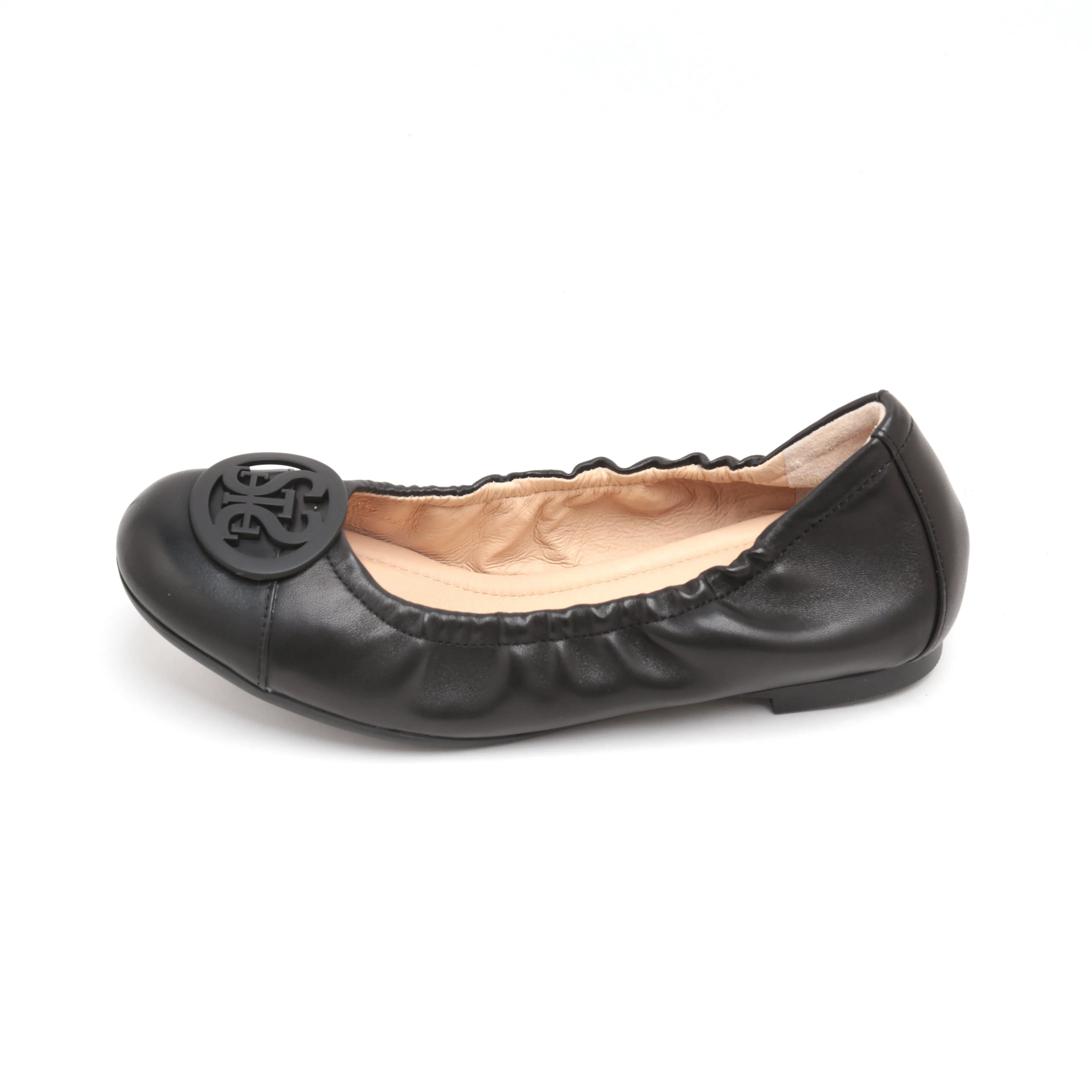 Black ST Buckle Leather Ballerina Flats