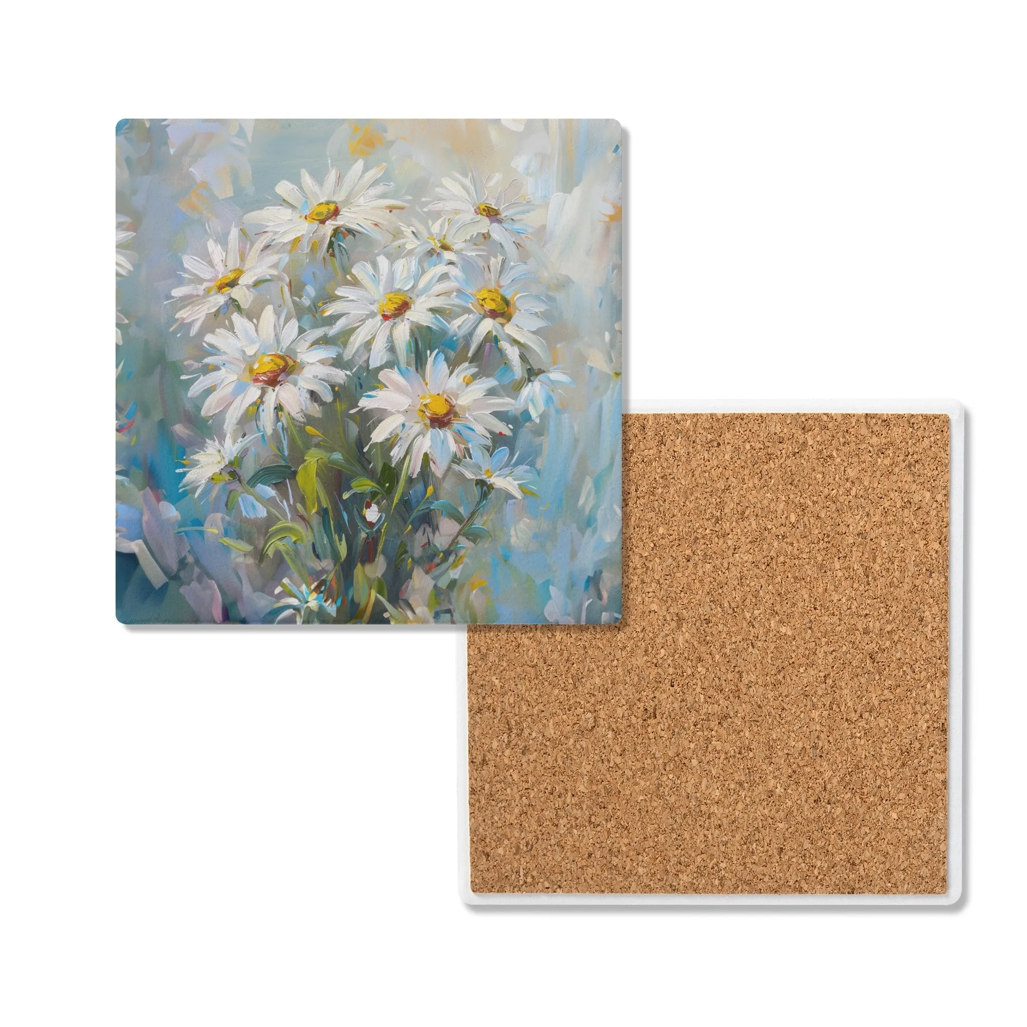 Bouquet of Daisies Painted in Watercolor Style with Blues and Gold Adorning the Background Square Ceramic Coasters - Set of 4