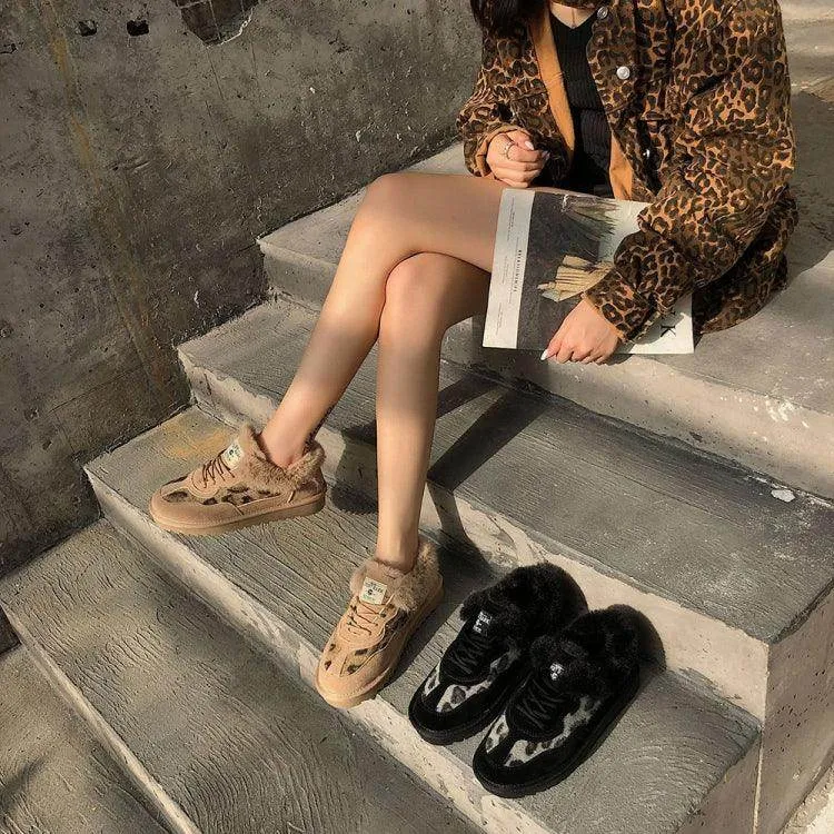 C18 Fleece-Lined Leopard Print Snow Boots for Autumn and Winter with Round Toe Design
