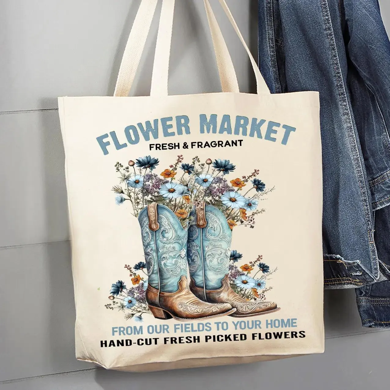 Canvas Tote Bag | Western Cowboy Boots Flower Market