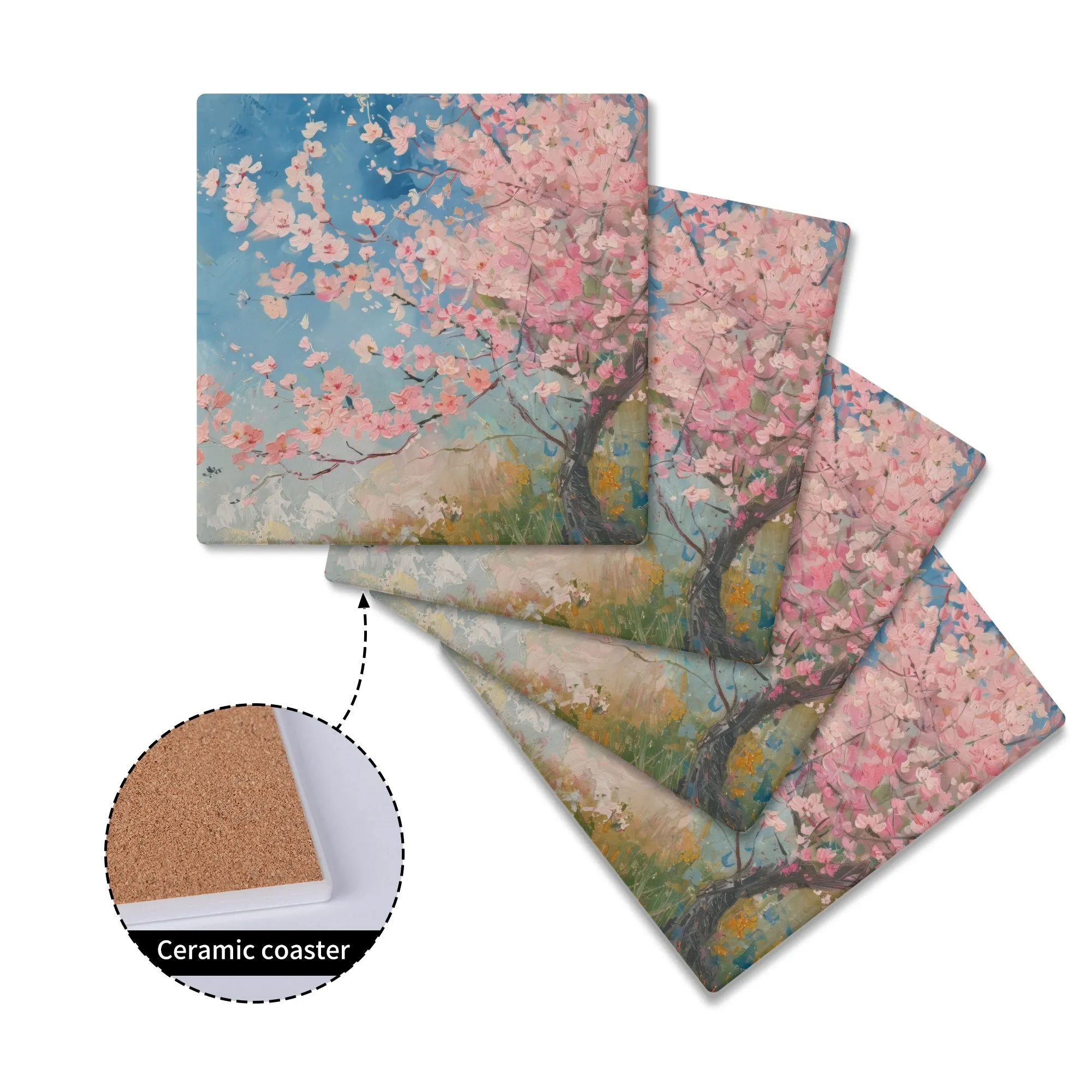 Cherry Blossoms in the Morning Sunrise Print Square Ceramic Coasters - Set of 4