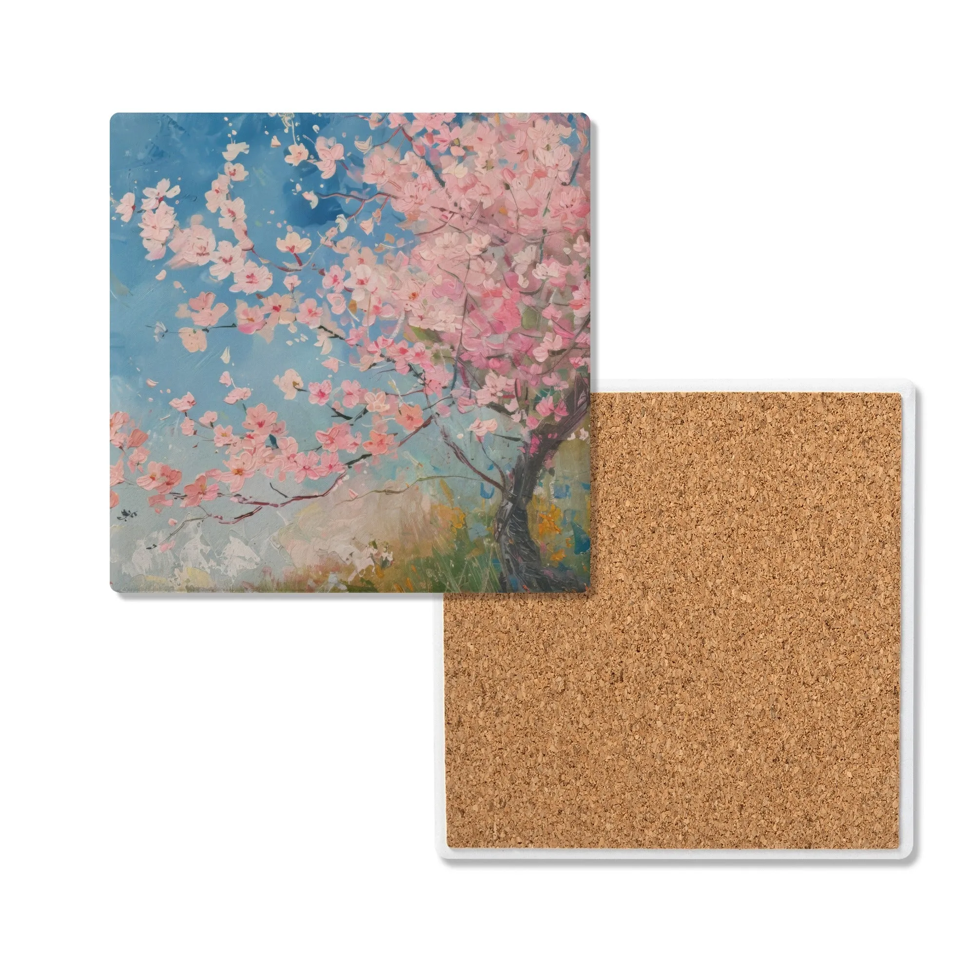 Cherry Blossoms in the Morning Sunrise Print Square Ceramic Coasters - Set of 4