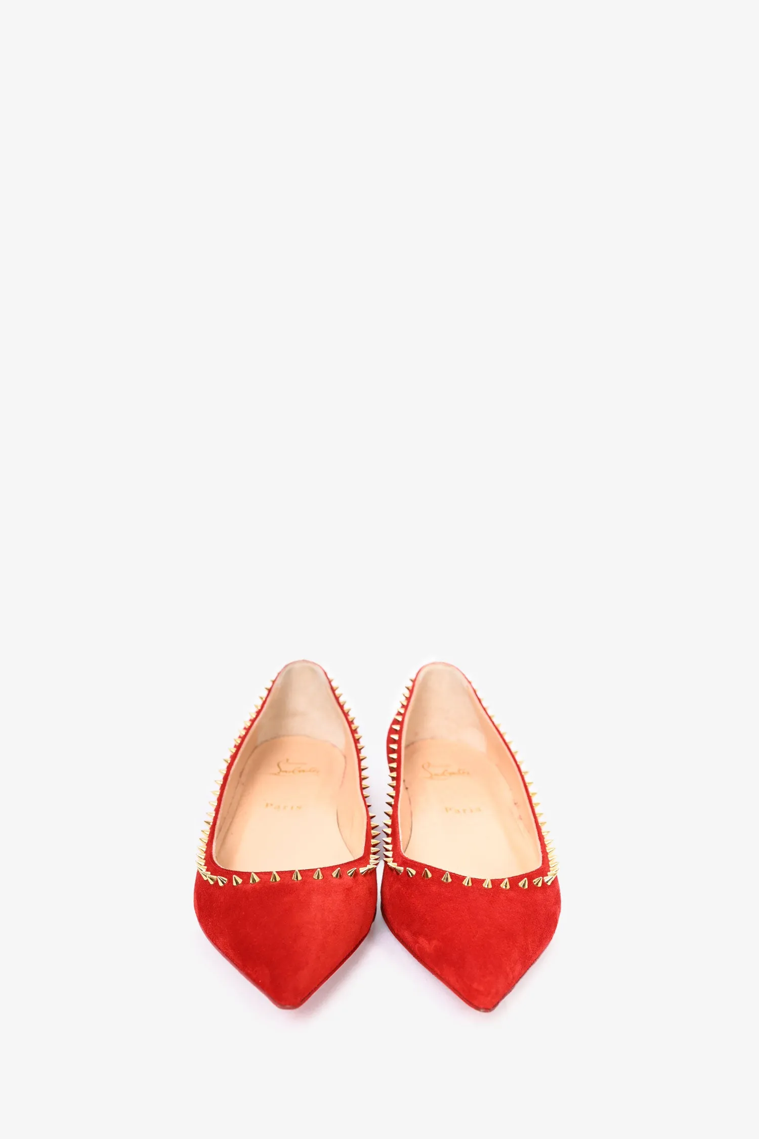 Christian Louboutin Red Suede Gold Spike 'Anjalina' Flats Size 40