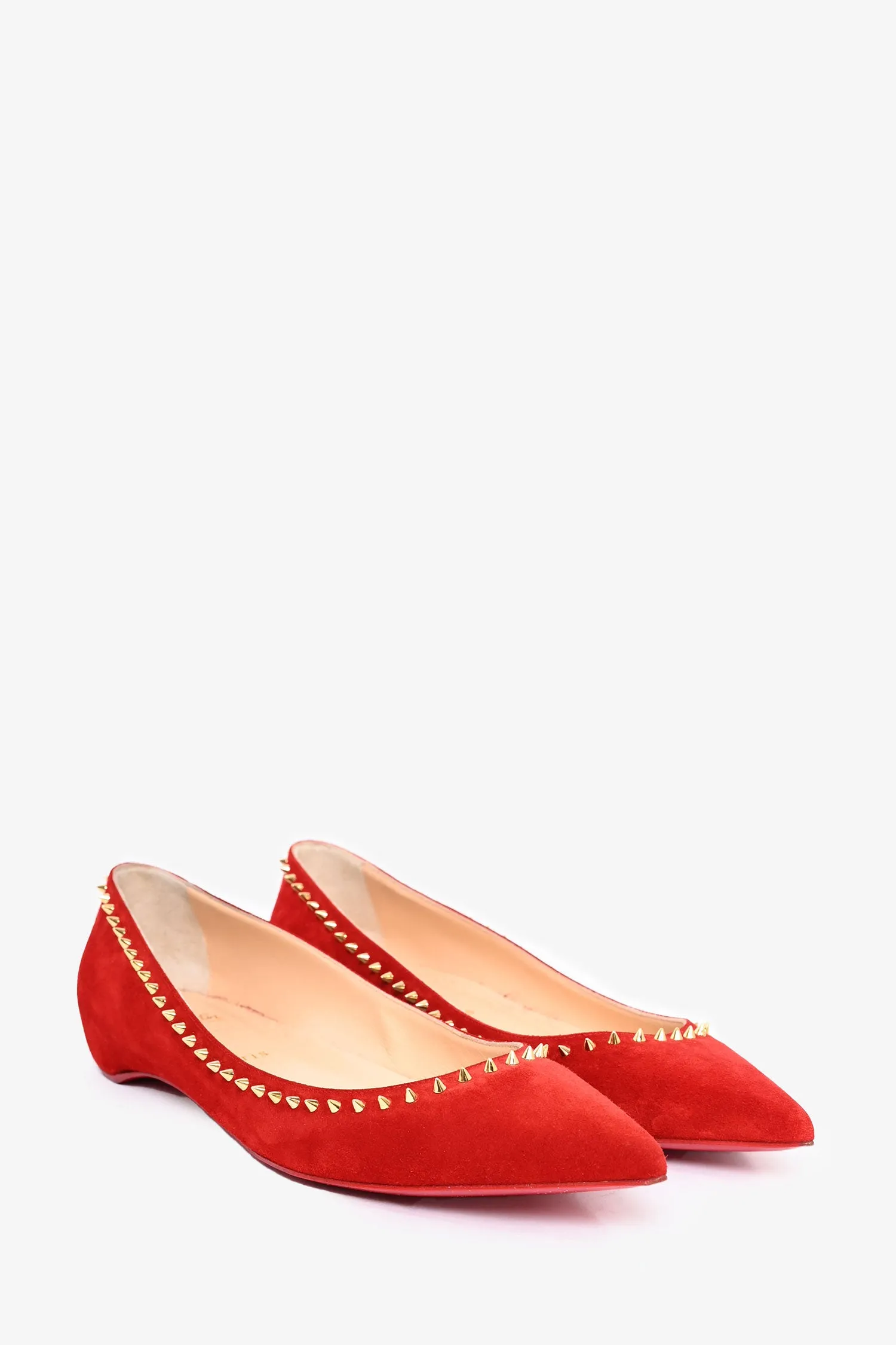 Christian Louboutin Red Suede Gold Spike 'Anjalina' Flats Size 40