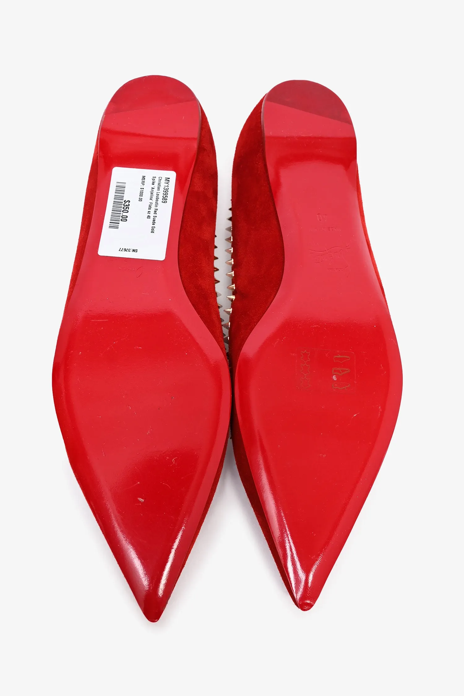 Christian Louboutin Red Suede Gold Spike 'Anjalina' Flats Size 40