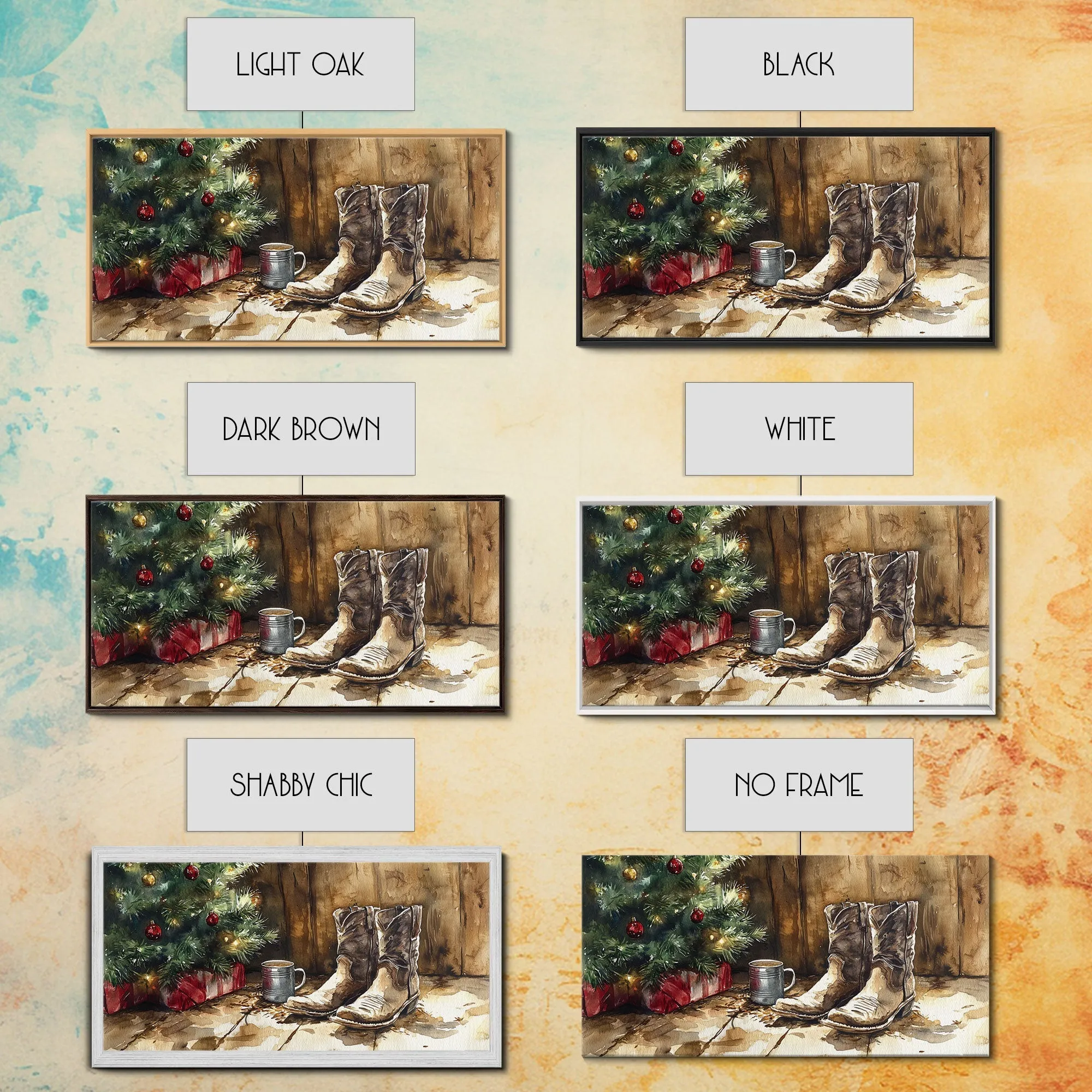 Christmas Cowboy Boots By Tree Framed Canvas Print Tall Art Rustic Western Christmas Decor Farmhouse Holiday Wall Art Cowboy Holiday Gift