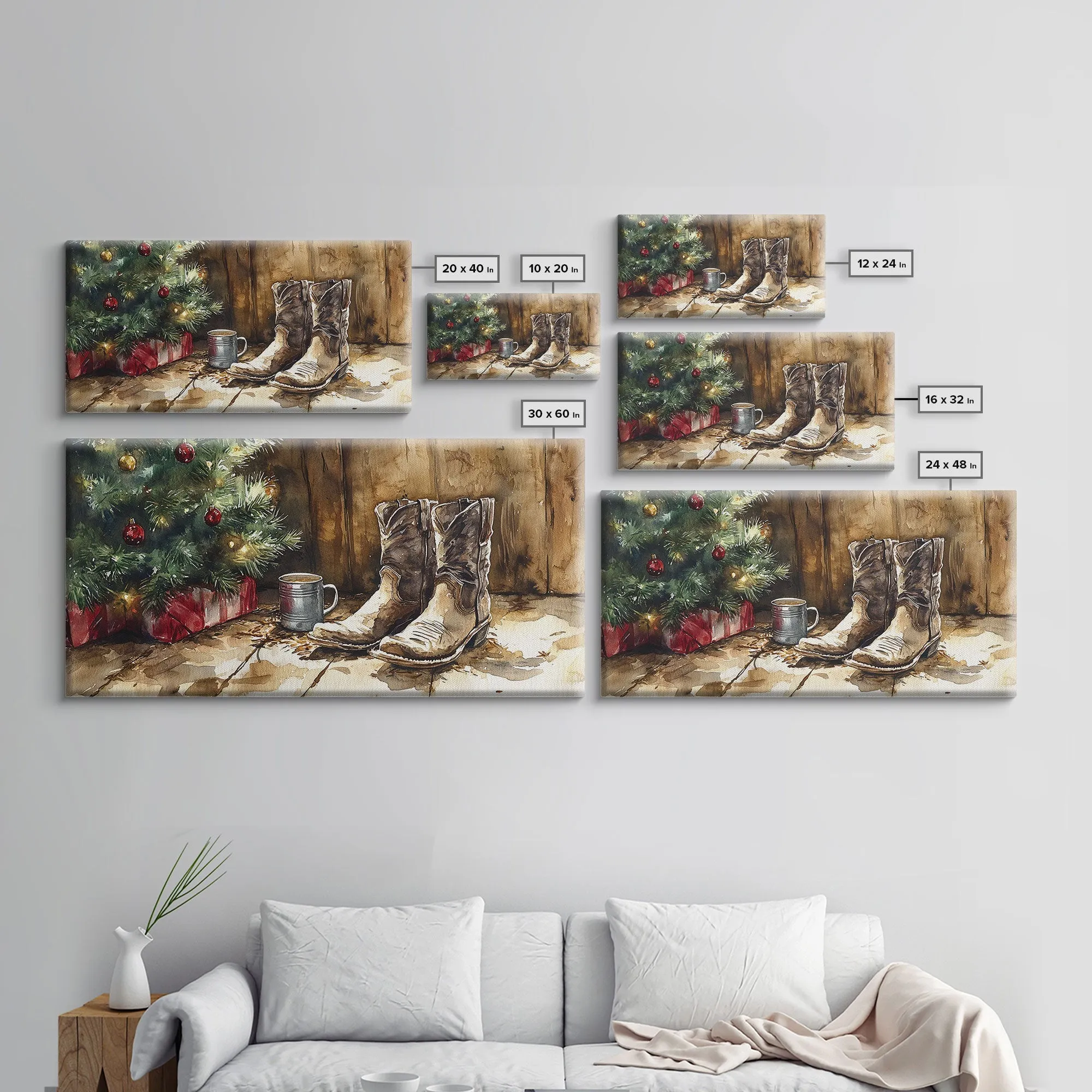 Christmas Cowboy Boots By Tree Framed Canvas Print Tall Art Rustic Western Christmas Decor Farmhouse Holiday Wall Art Cowboy Holiday Gift