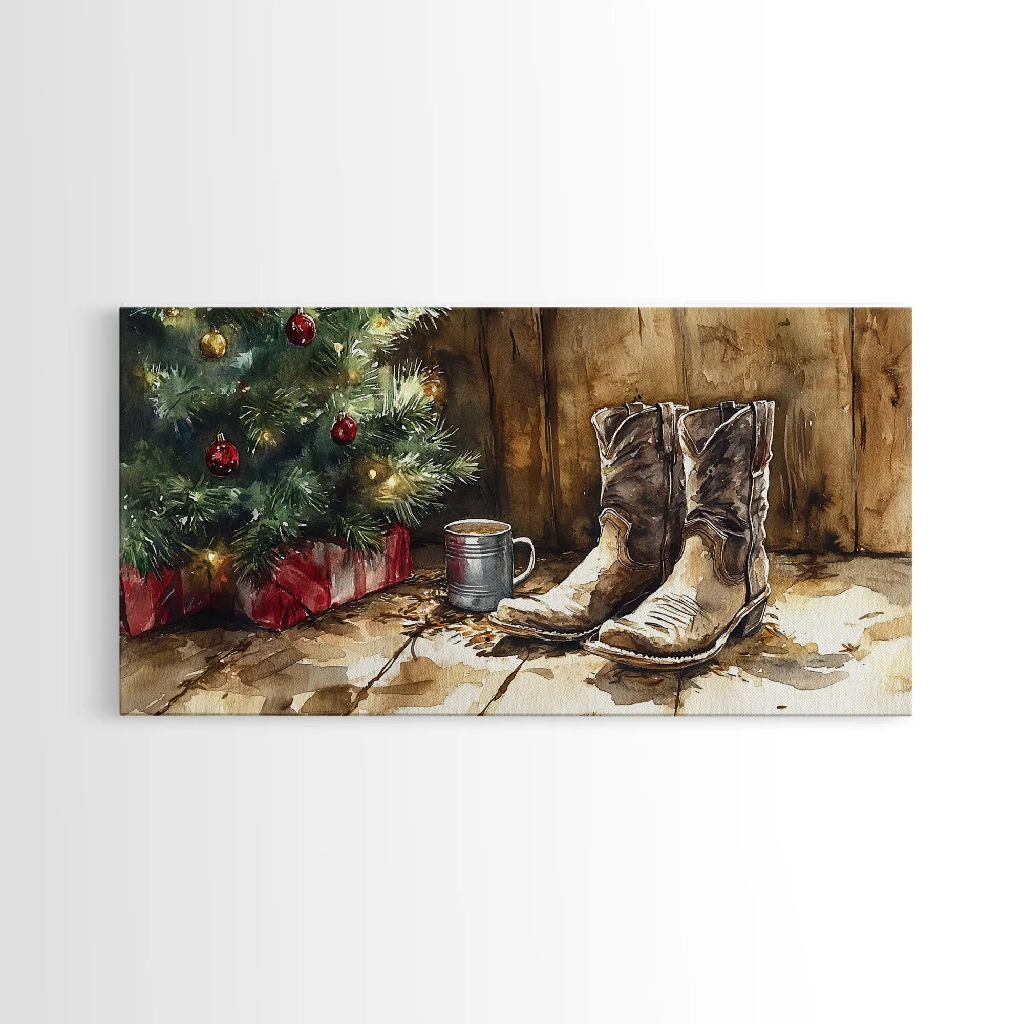 Christmas Cowboy Boots By Tree Framed Canvas Print Tall Art Rustic Western Christmas Decor Farmhouse Holiday Wall Art Cowboy Holiday Gift