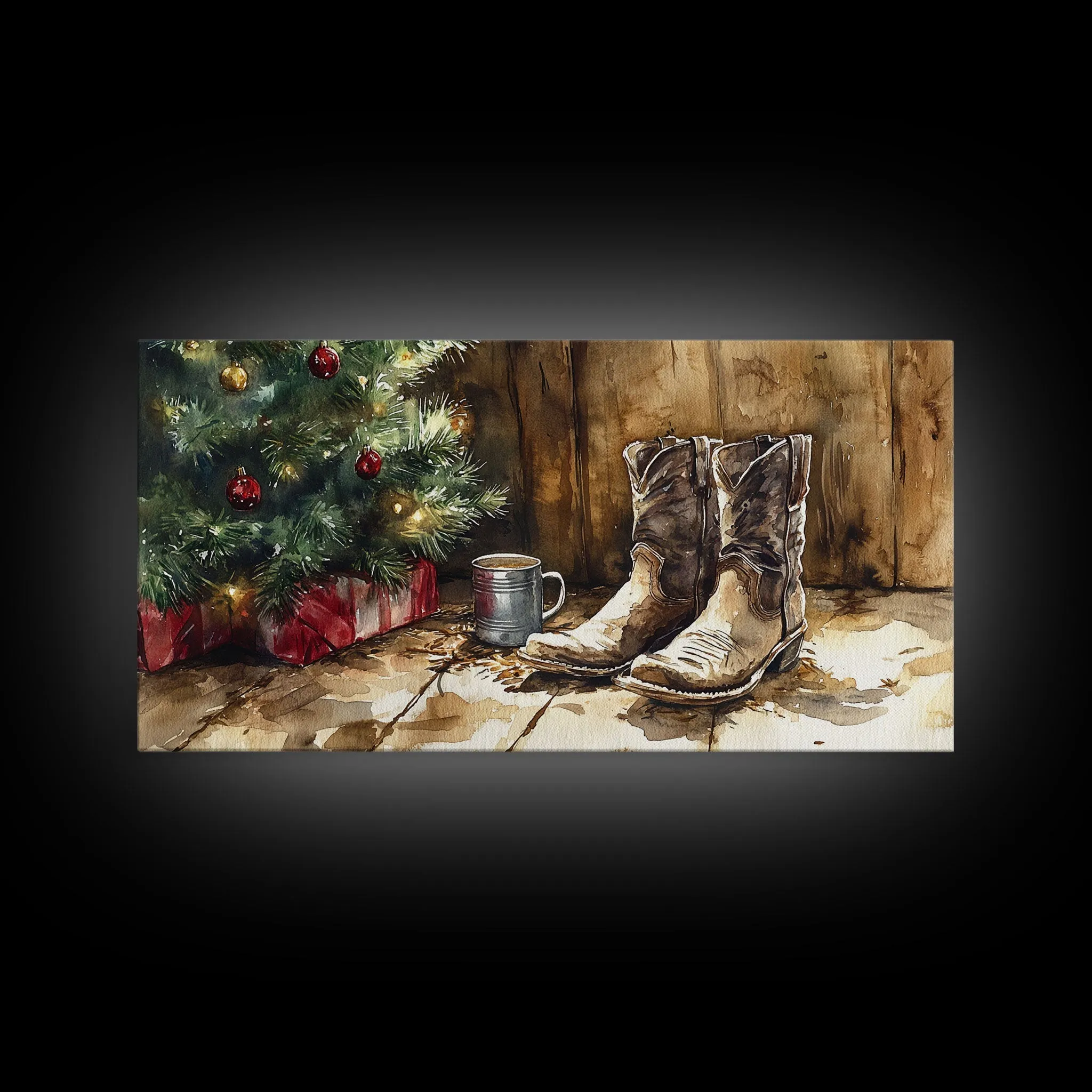 Christmas Cowboy Boots By Tree Framed Canvas Print Tall Art Rustic Western Christmas Decor Farmhouse Holiday Wall Art Cowboy Holiday Gift
