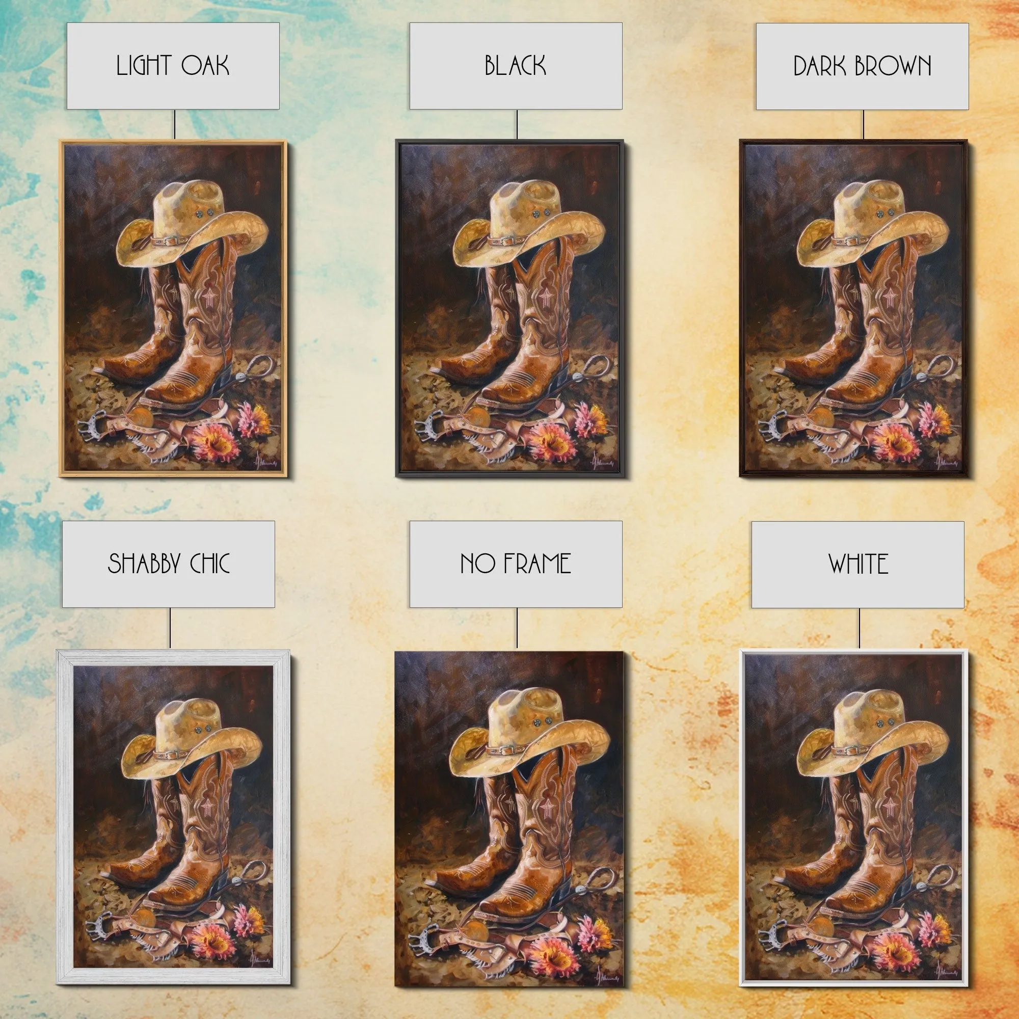 Classic Cowboy Hat and Boots Art - Framed Canvas Print, Rustic Bedroom Decor, Cowboy Themed Wall Art for Home, Western Artwork