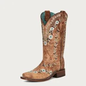 Corral | Floral Embroidery | Sq. Toe | Distressed Cognac