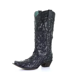 Corral | Glittered Inlay Leather Boot | Snip Toe | Black