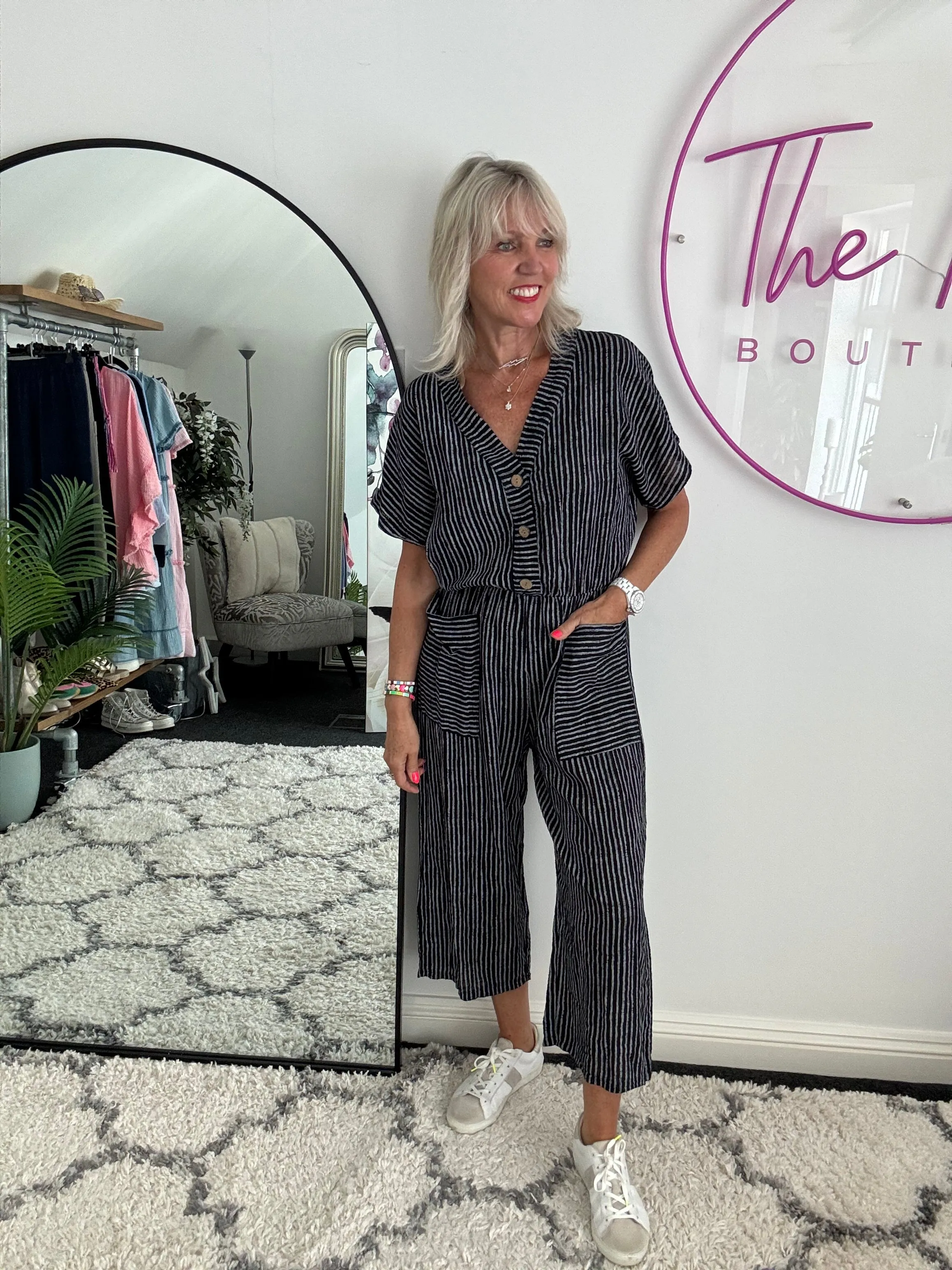 Cotton Stripe Jumpsuit in Black