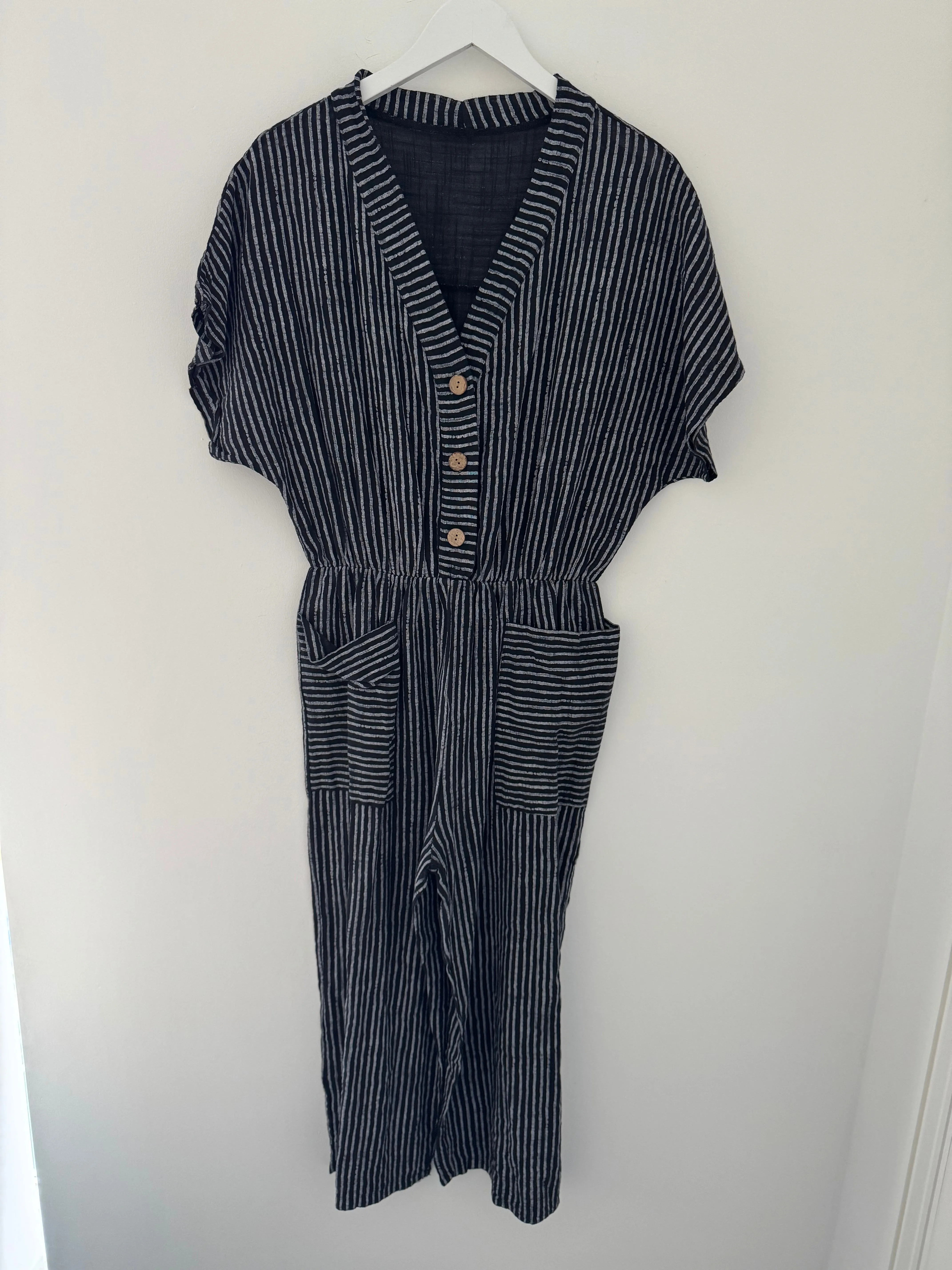 Cotton Stripe Jumpsuit in Black