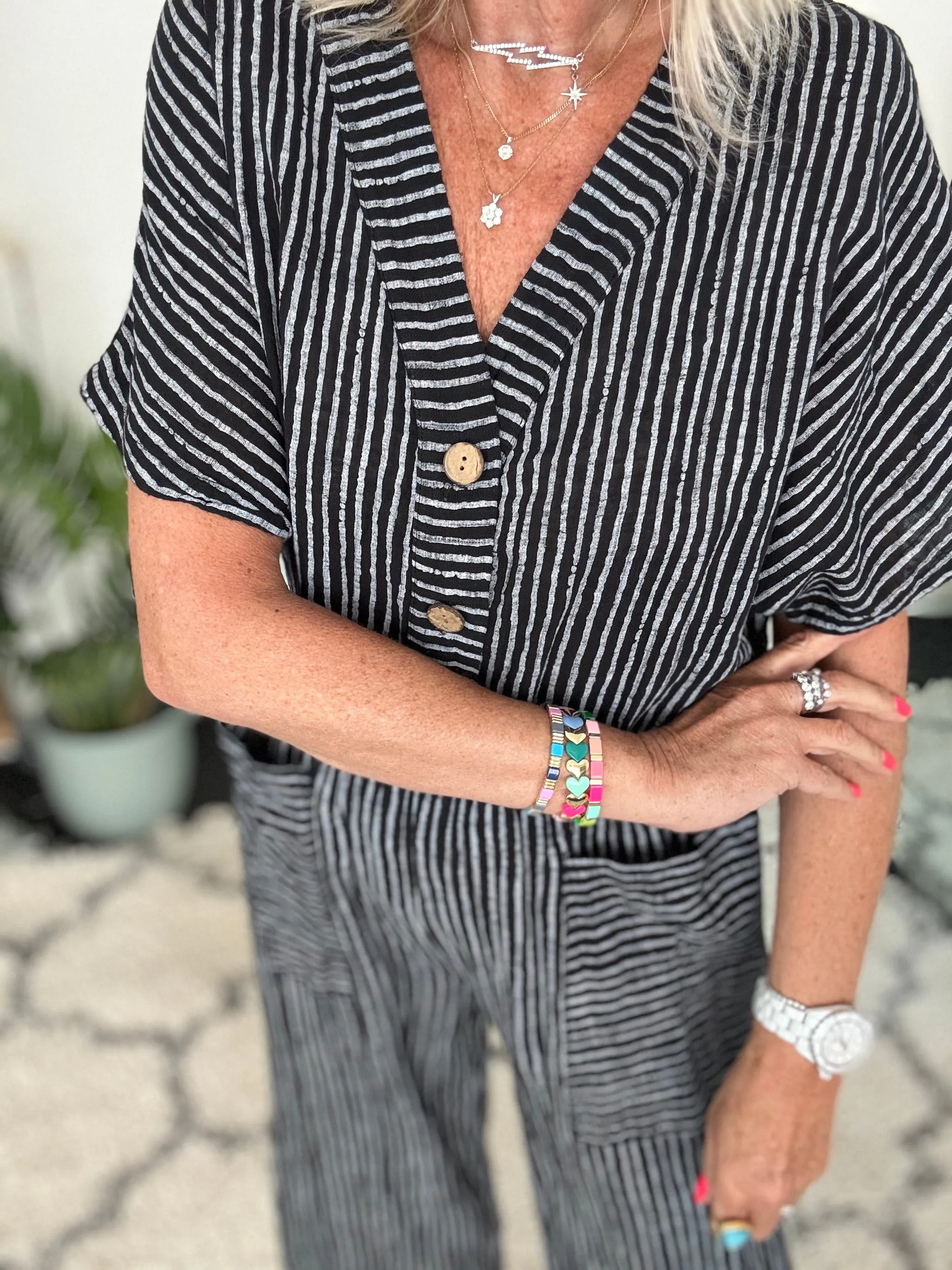 Cotton Stripe Jumpsuit in Black