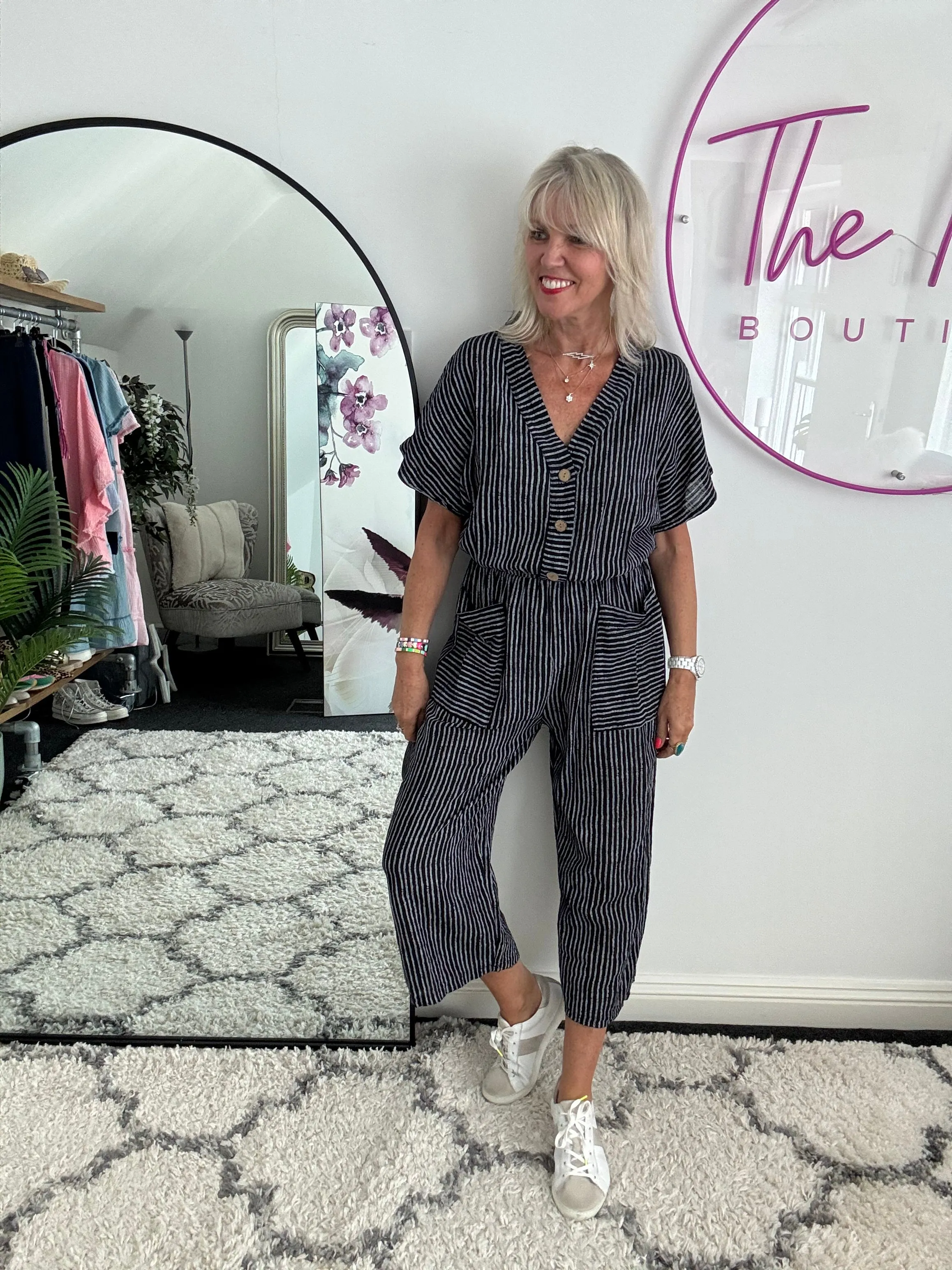 Cotton Stripe Jumpsuit in Black