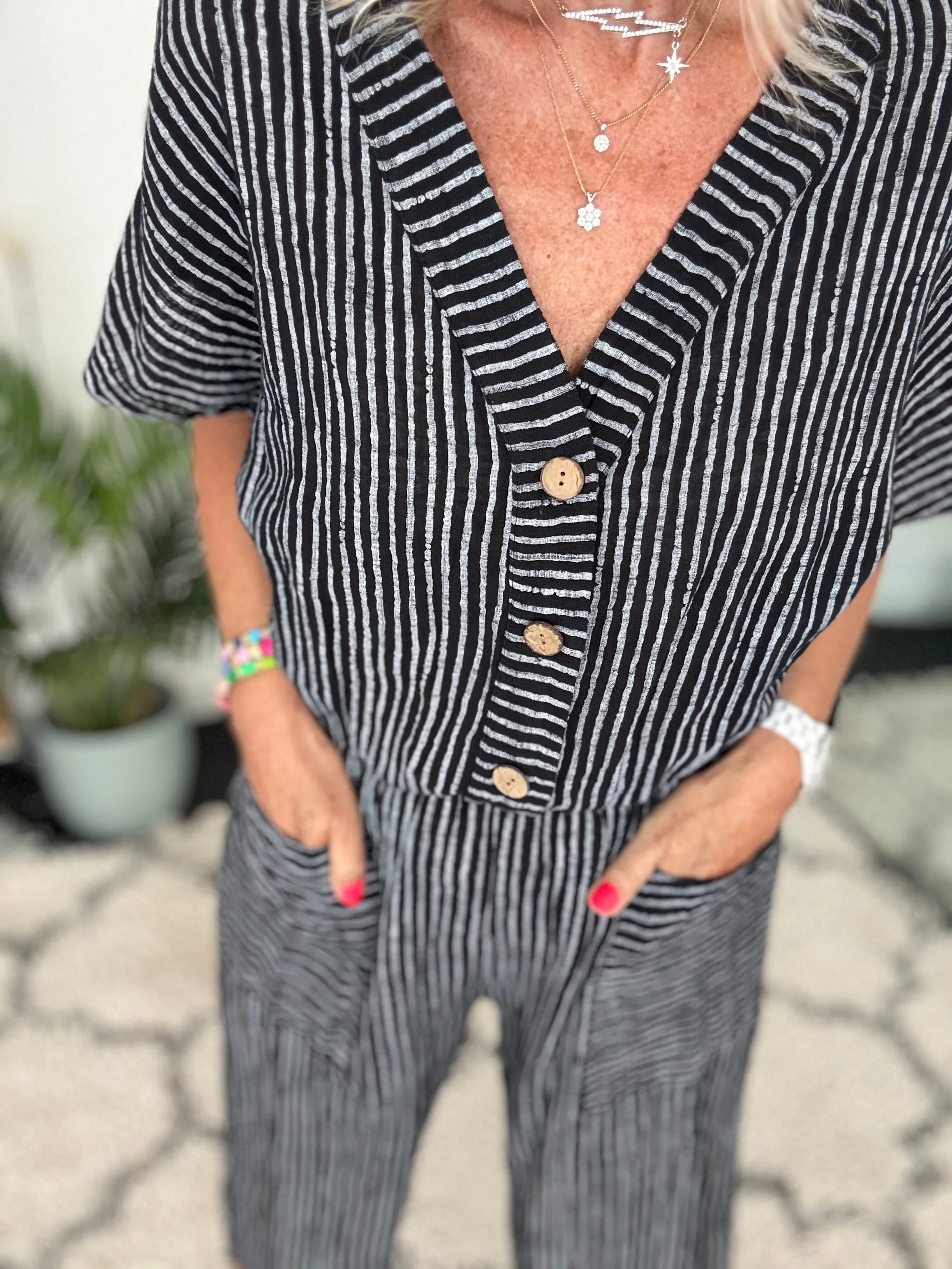 Cotton Stripe Jumpsuit in Black