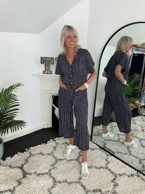 Cotton Stripe Jumpsuit in Black