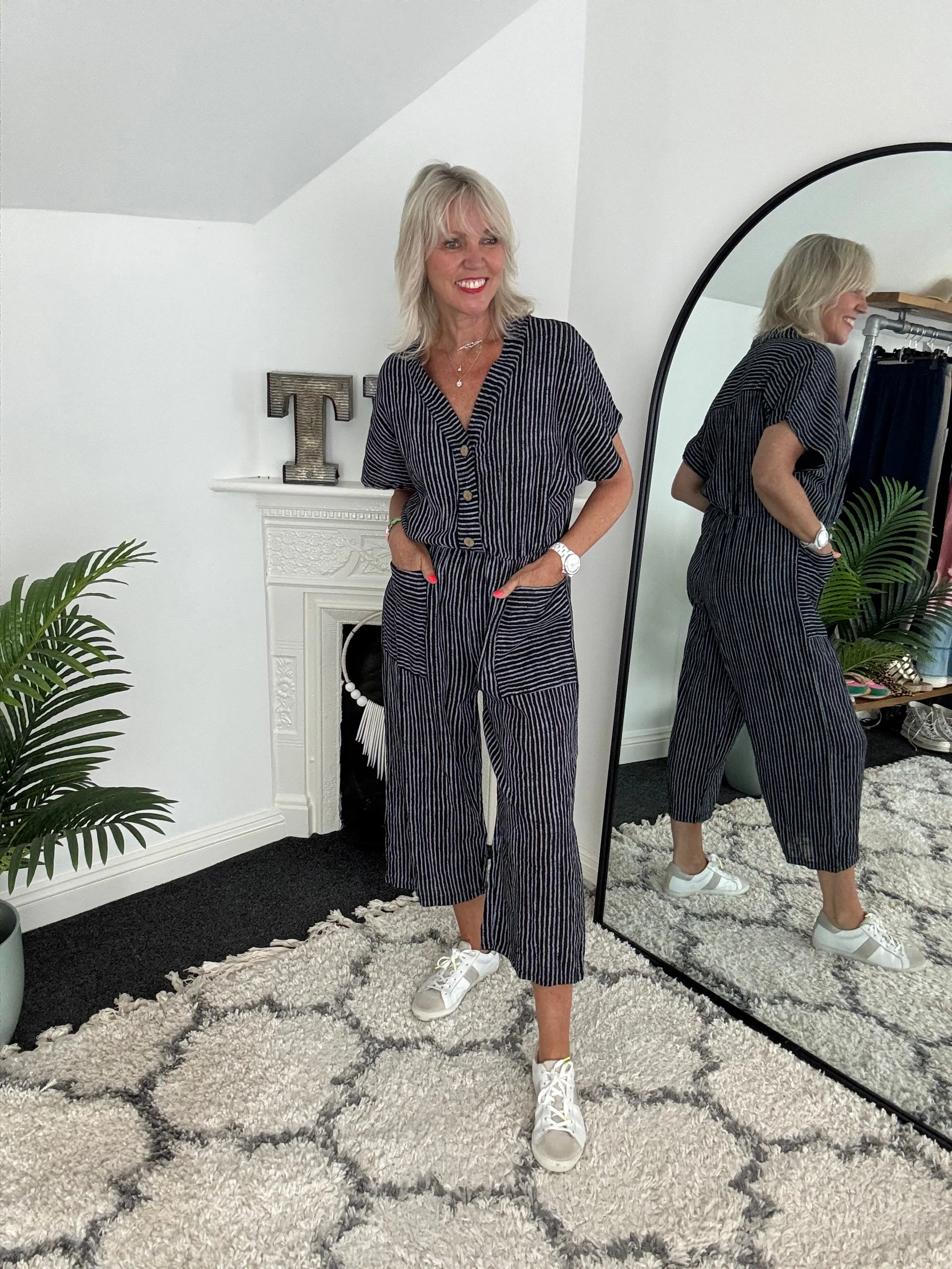 Cotton Stripe Jumpsuit in Black
