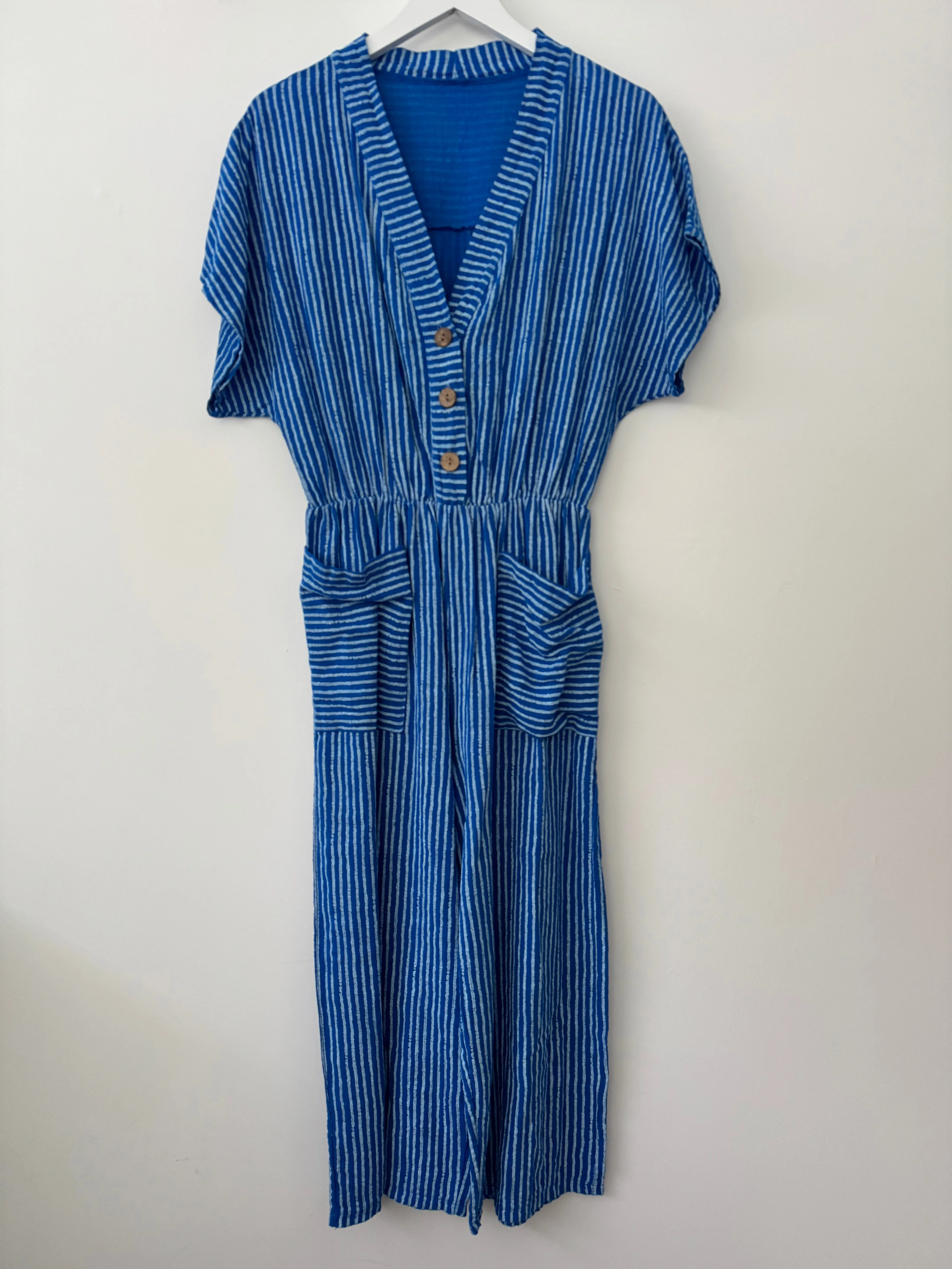 Cotton Stripe Jumpsuit in Blue
