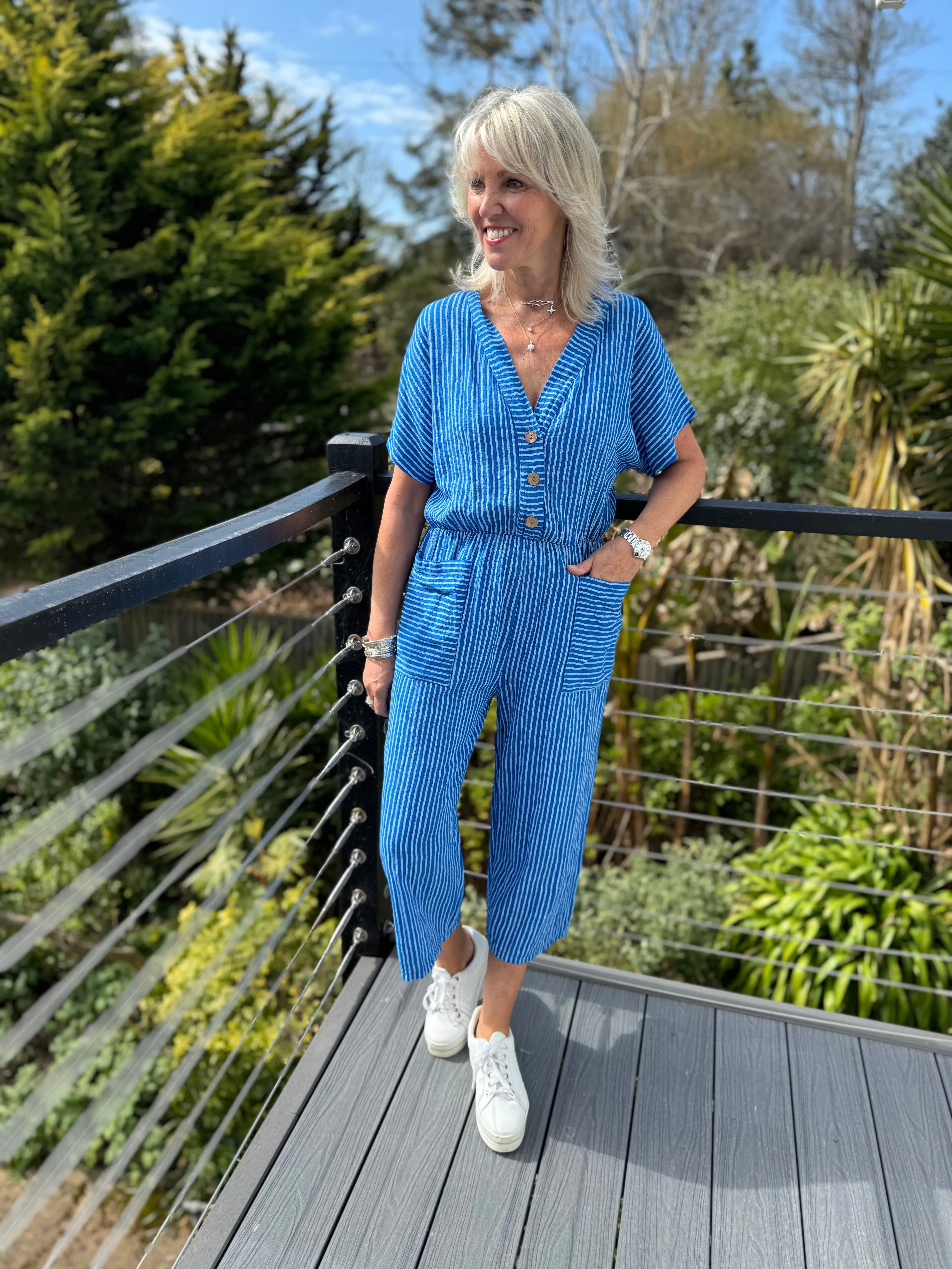 Cotton Stripe Jumpsuit in Blue