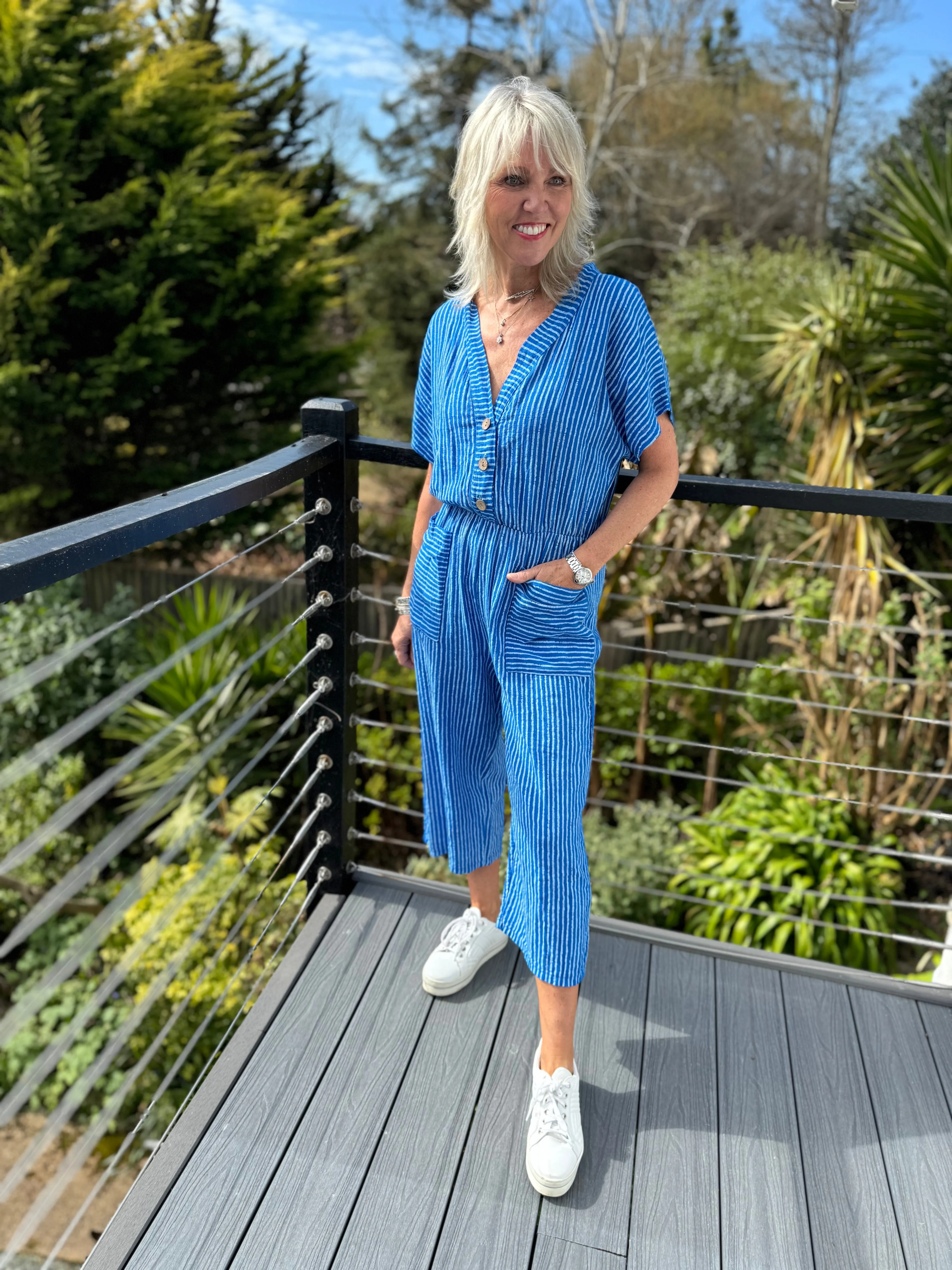 Cotton Stripe Jumpsuit in Blue