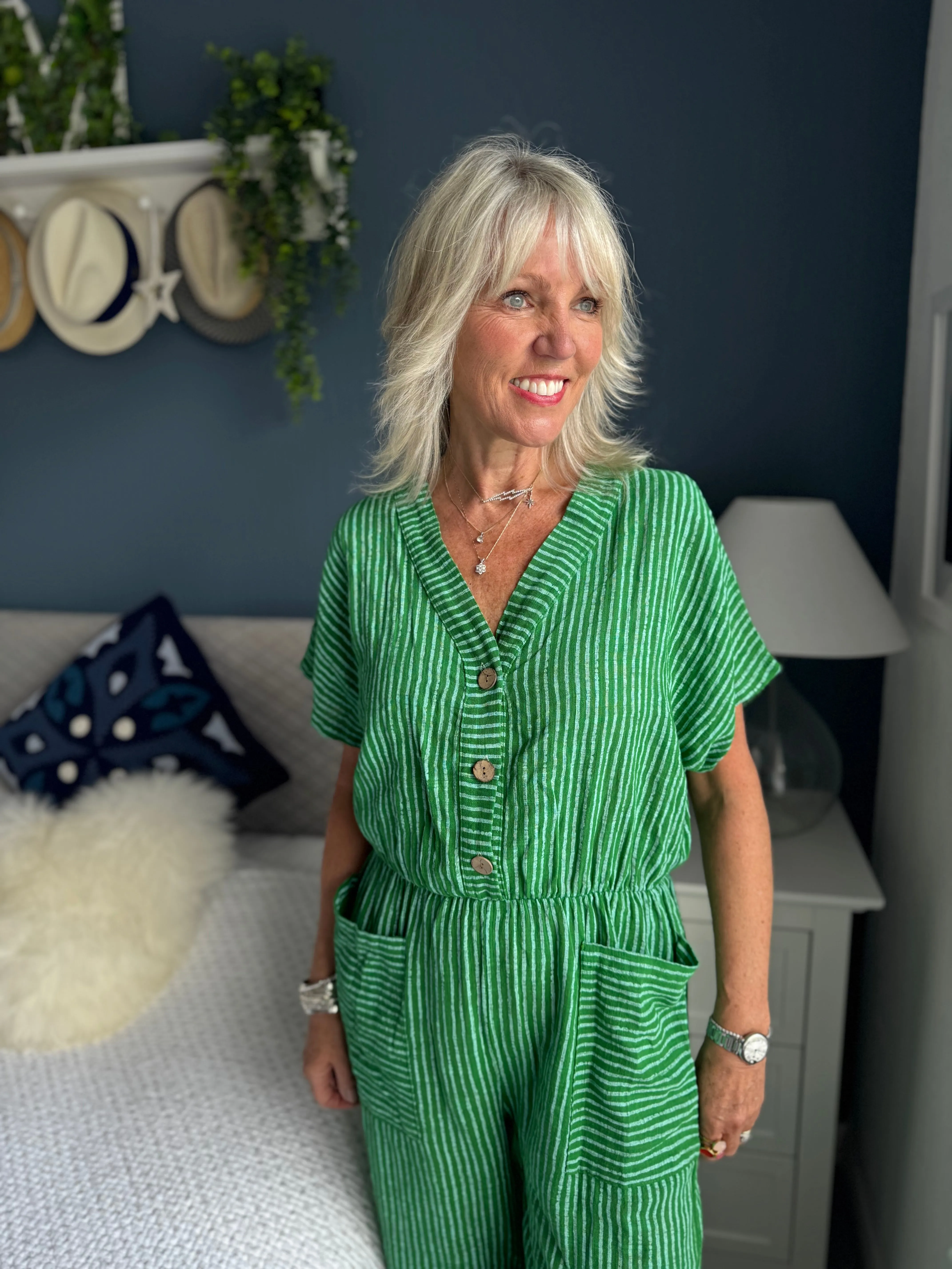 Cotton Stripe Jumpsuit in Green