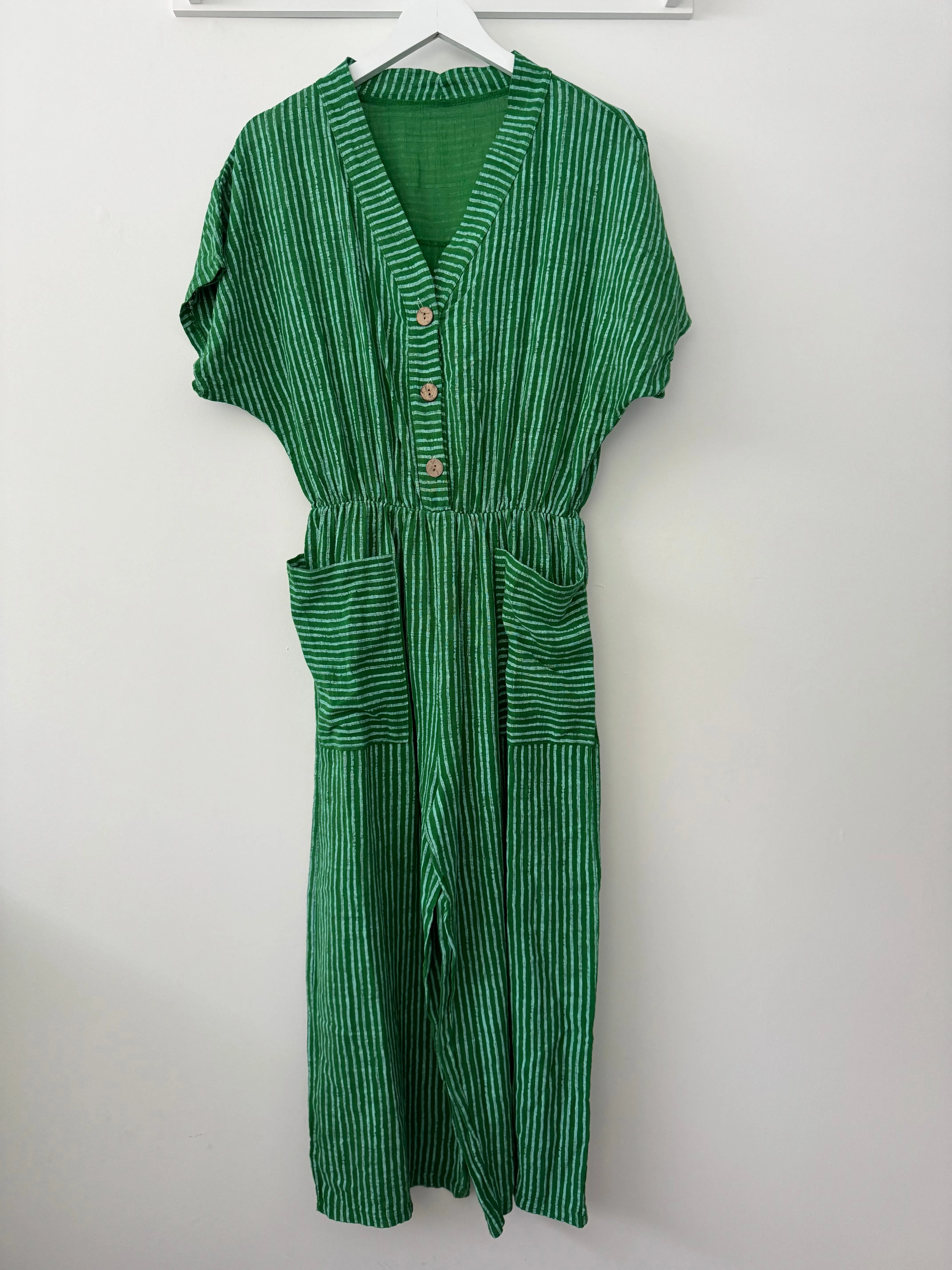 Cotton Stripe Jumpsuit in Green