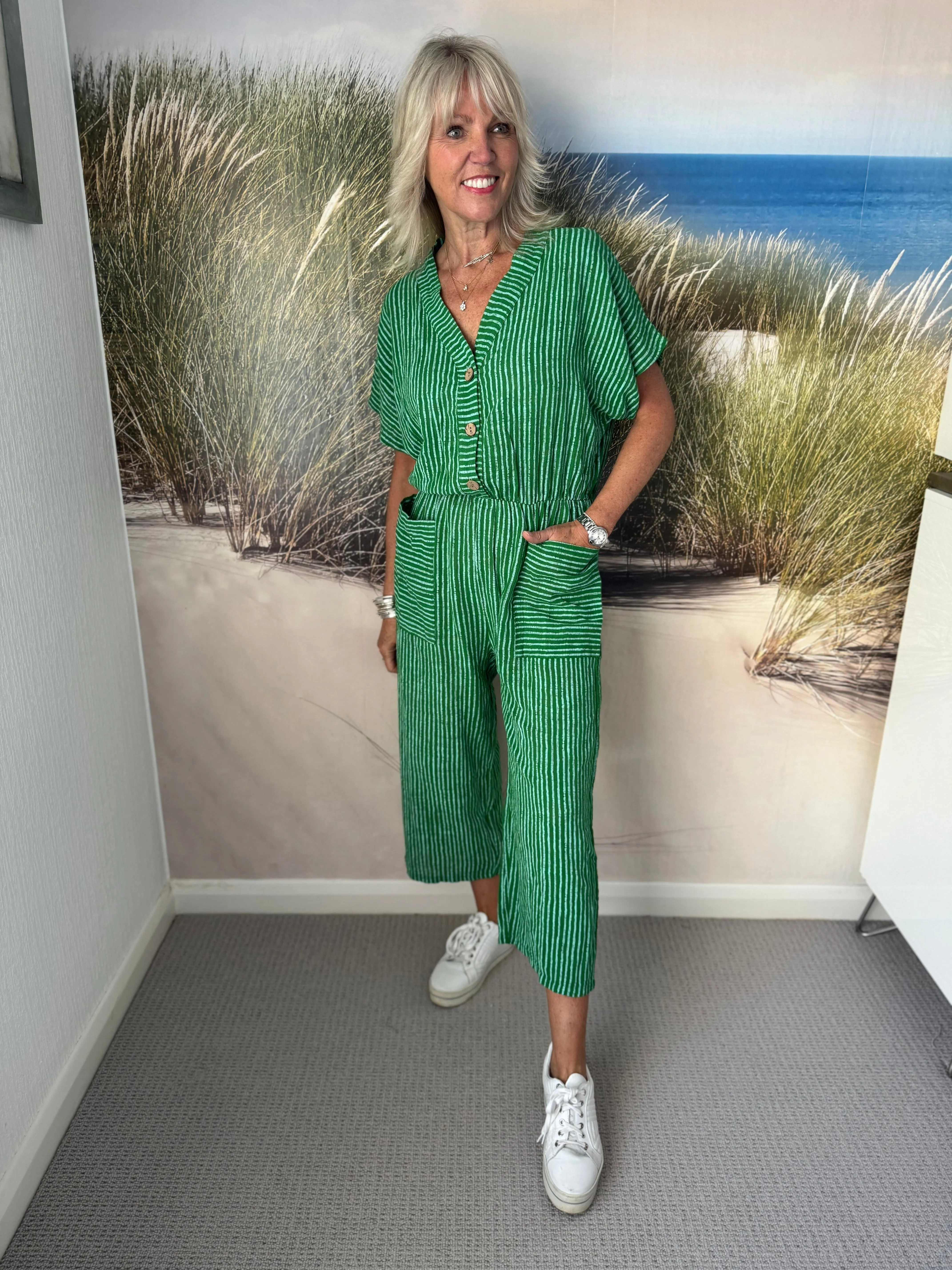 Cotton Stripe Jumpsuit in Green