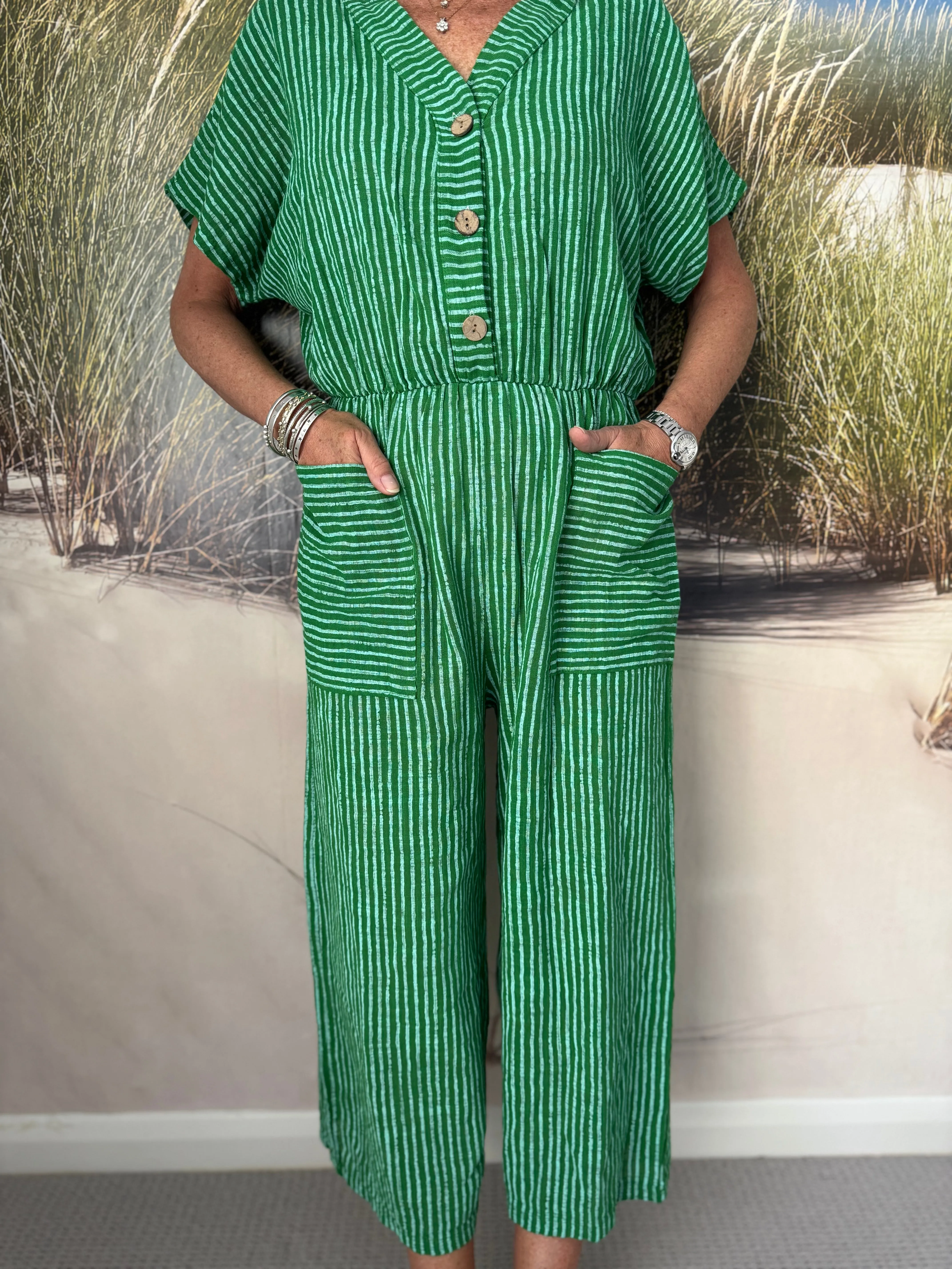 Cotton Stripe Jumpsuit in Green