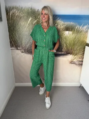 Cotton Stripe Jumpsuit in Green