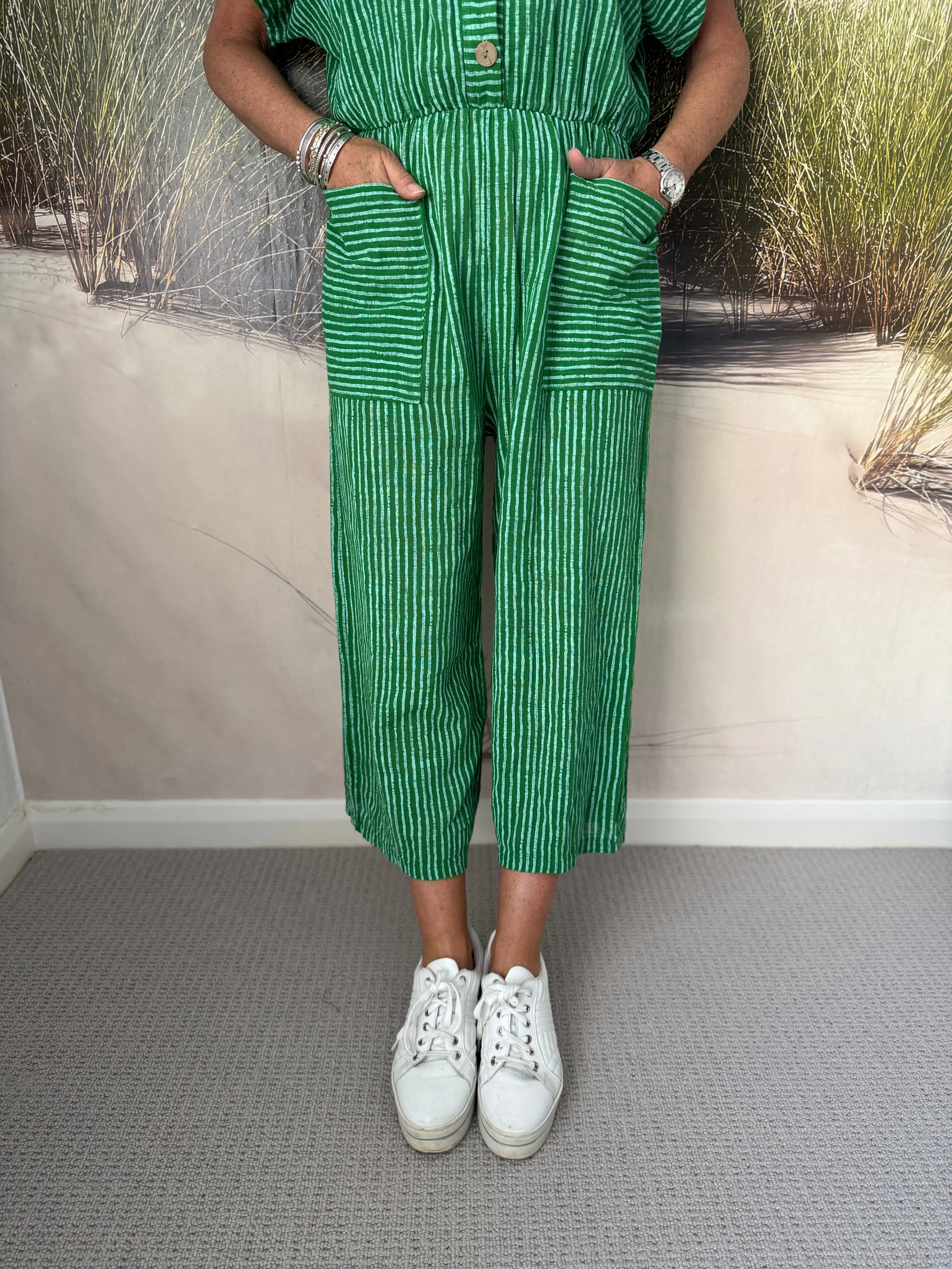 Cotton Stripe Jumpsuit in Green
