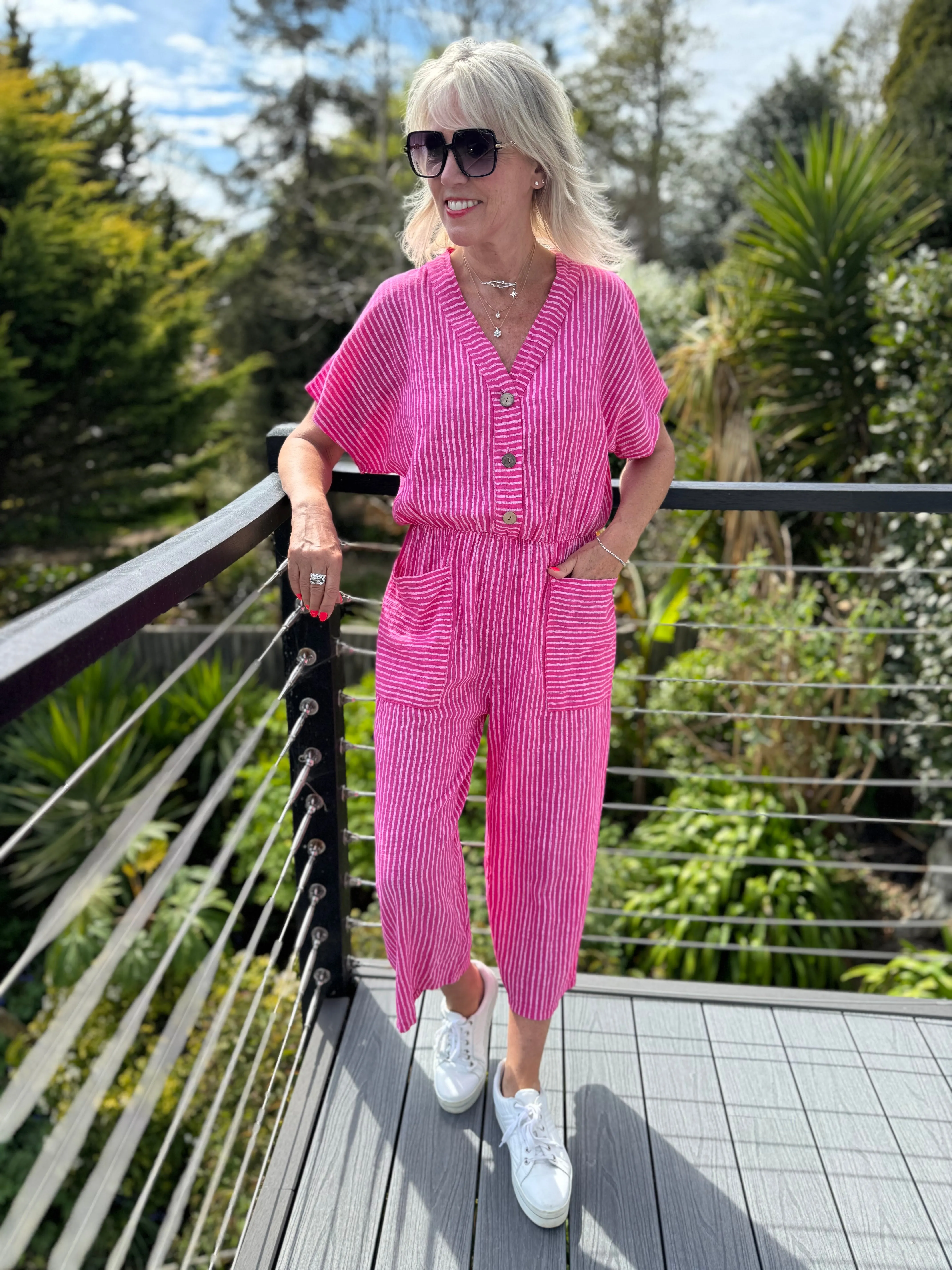 Cotton Stripe Jumpsuit in Pink