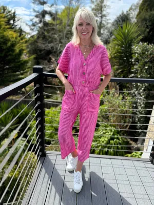 Cotton Stripe Jumpsuit in Pink