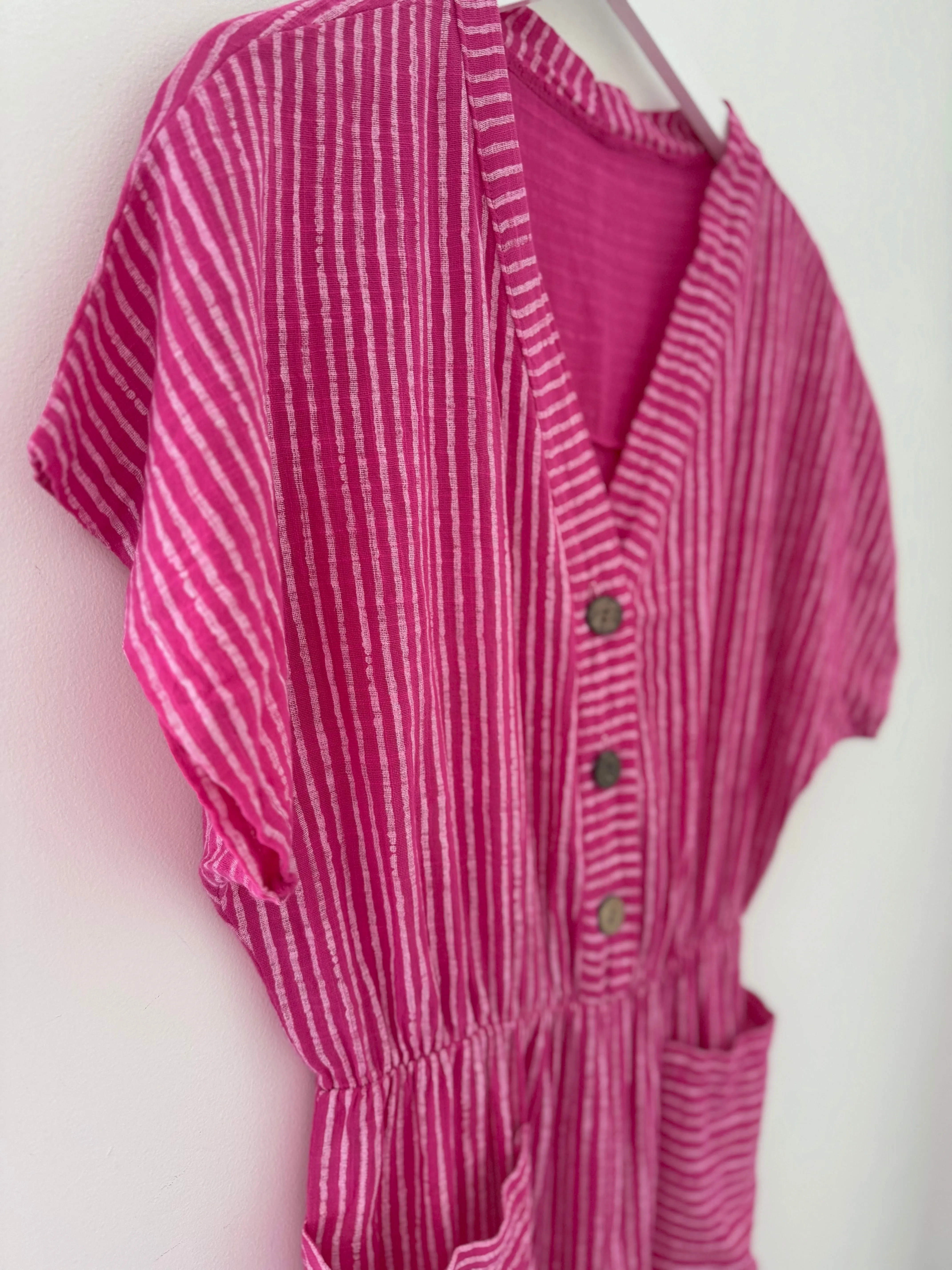 Cotton Stripe Jumpsuit in Pink