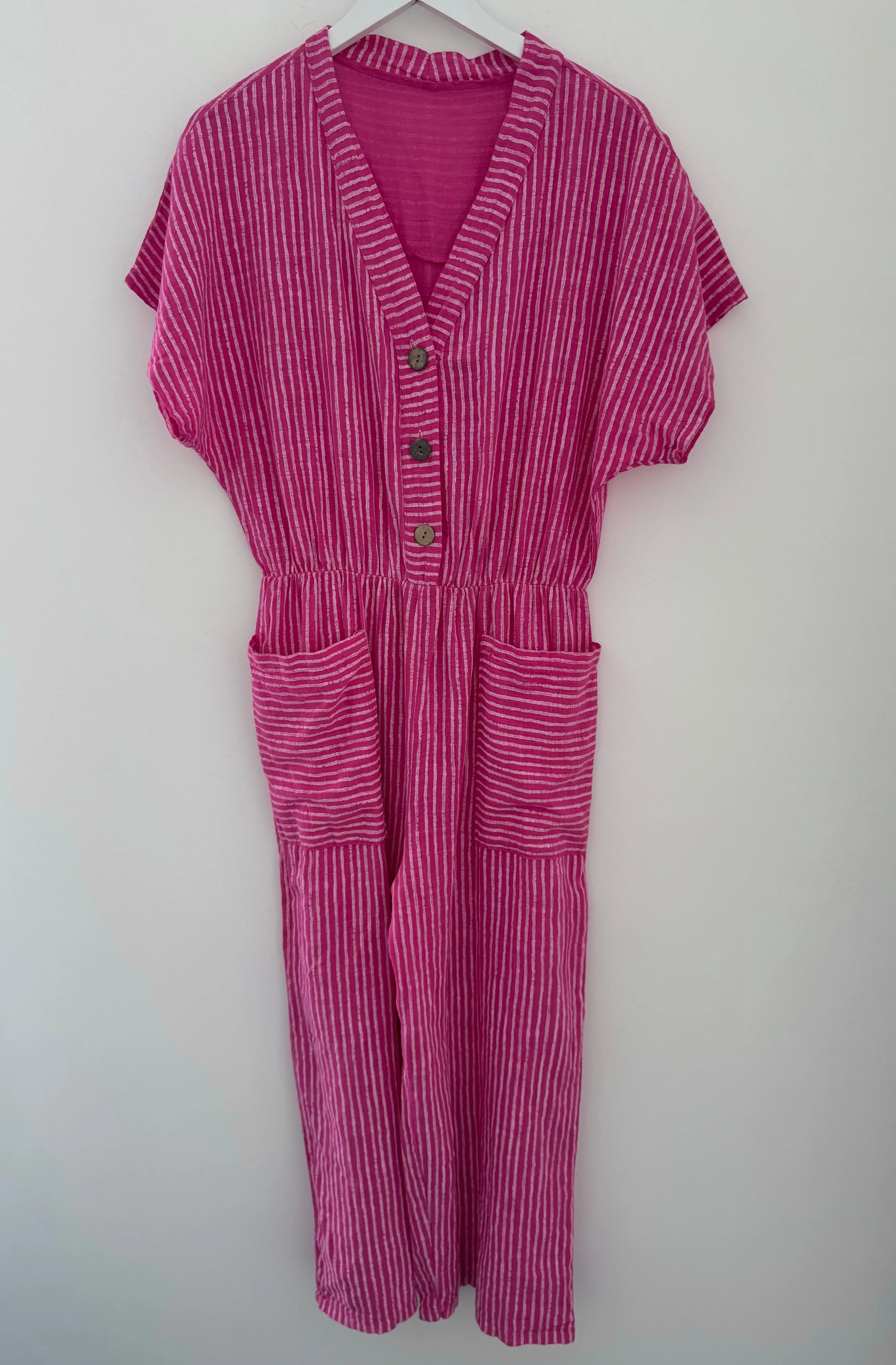 Cotton Stripe Jumpsuit in Pink