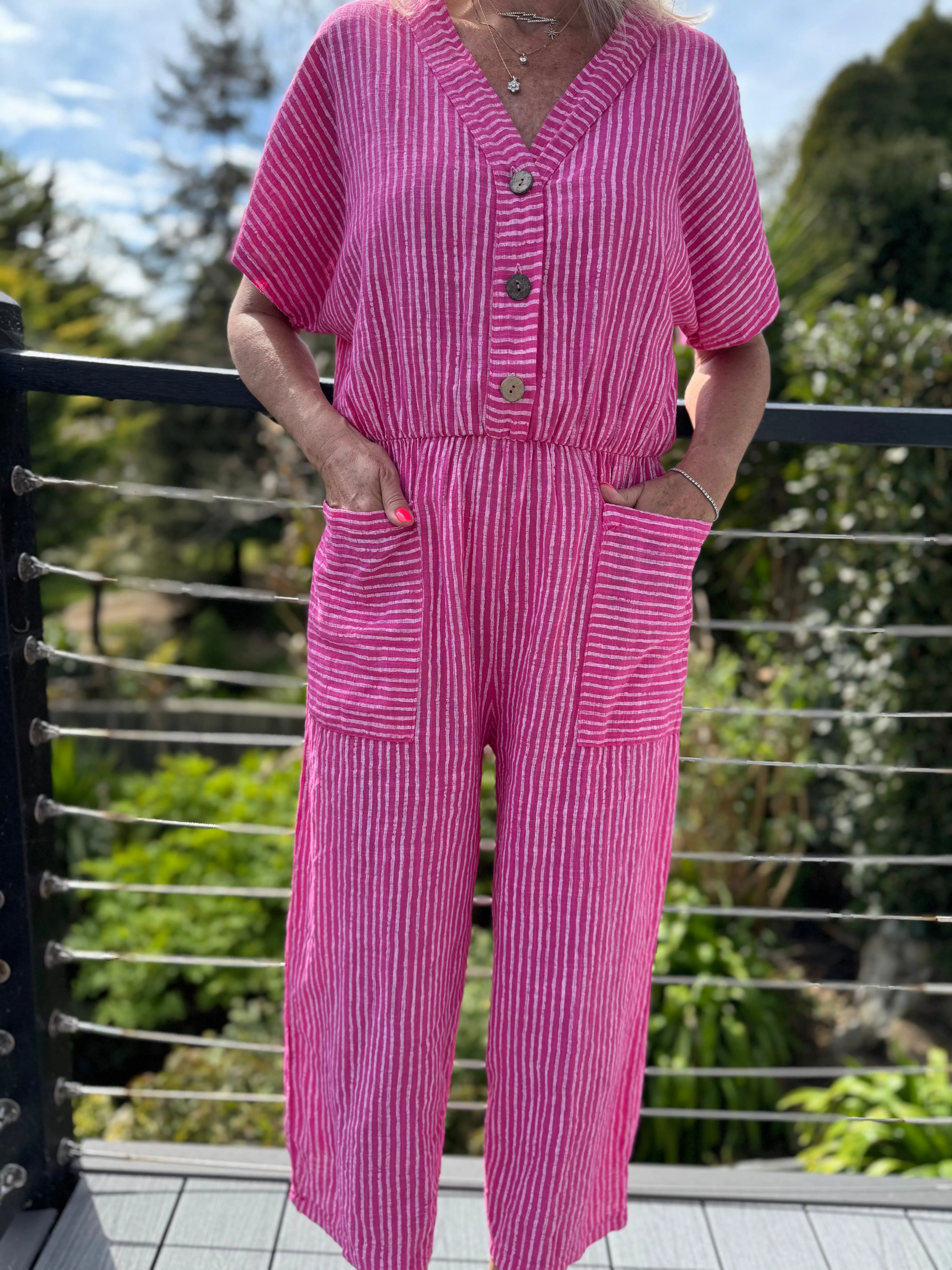 Cotton Stripe Jumpsuit in Pink