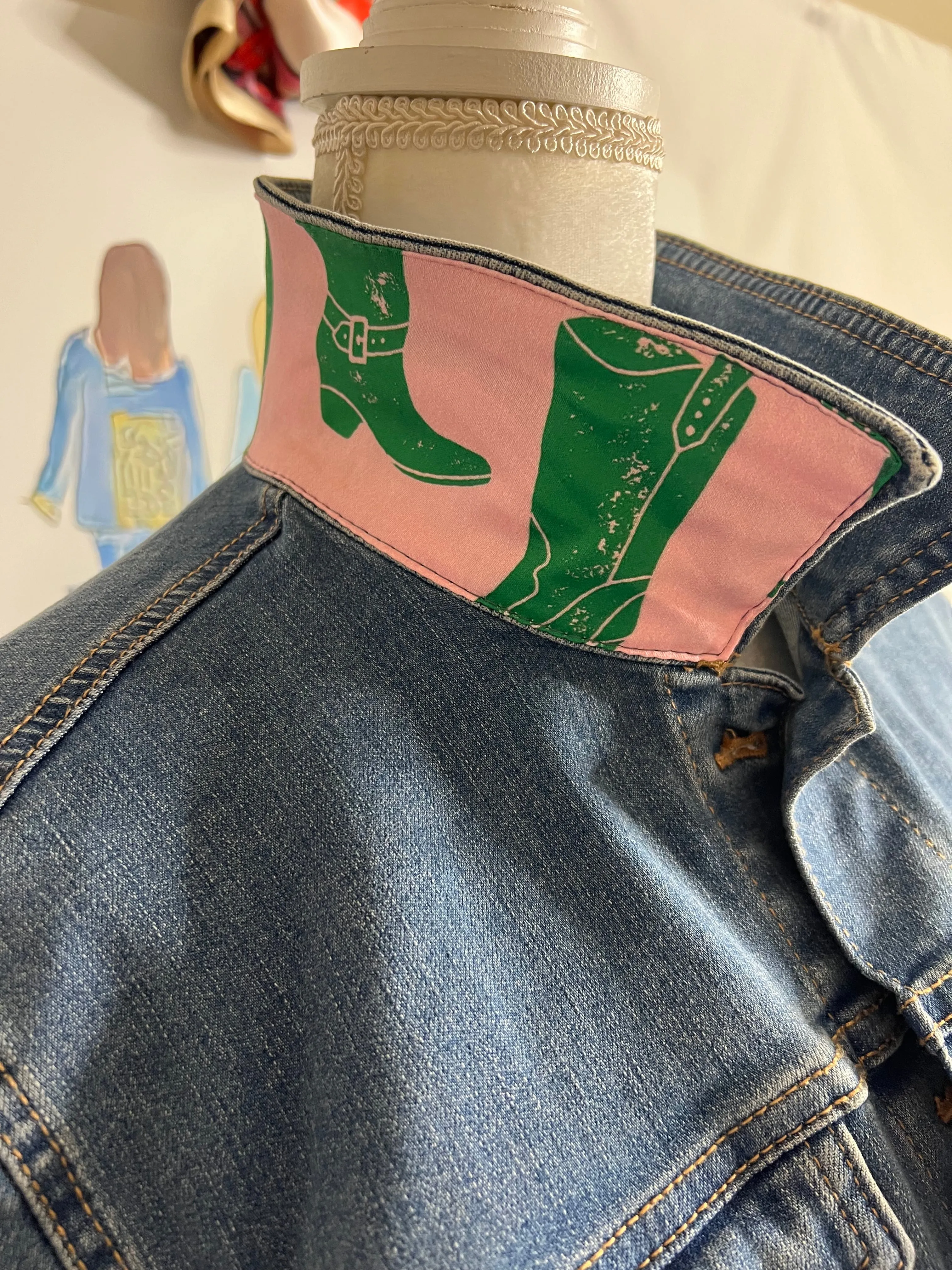 Cowgirl Boots Pink and Green on Denim Jacket Sale