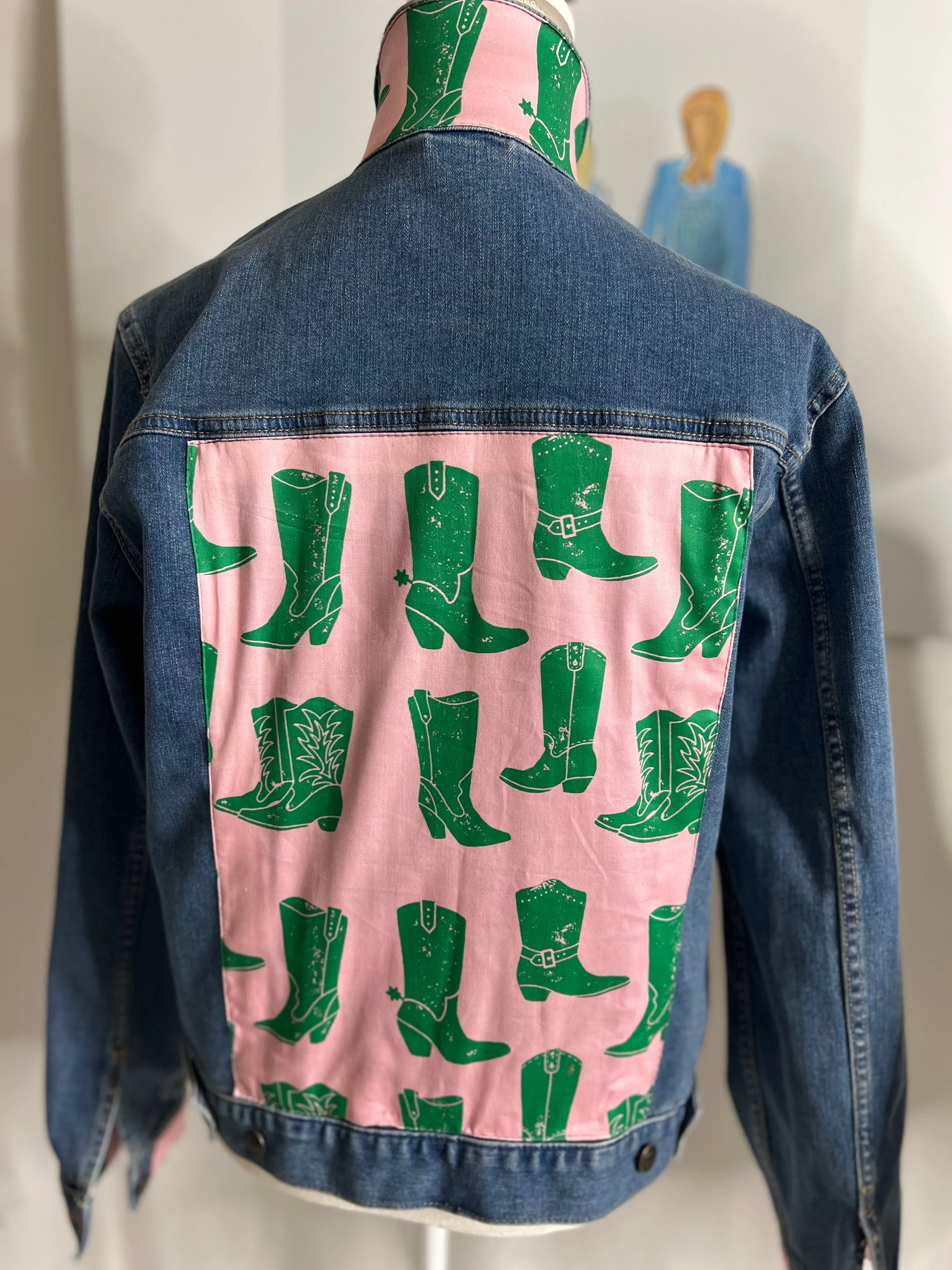 Cowgirl Boots Pink and Green on Denim Jacket Sale